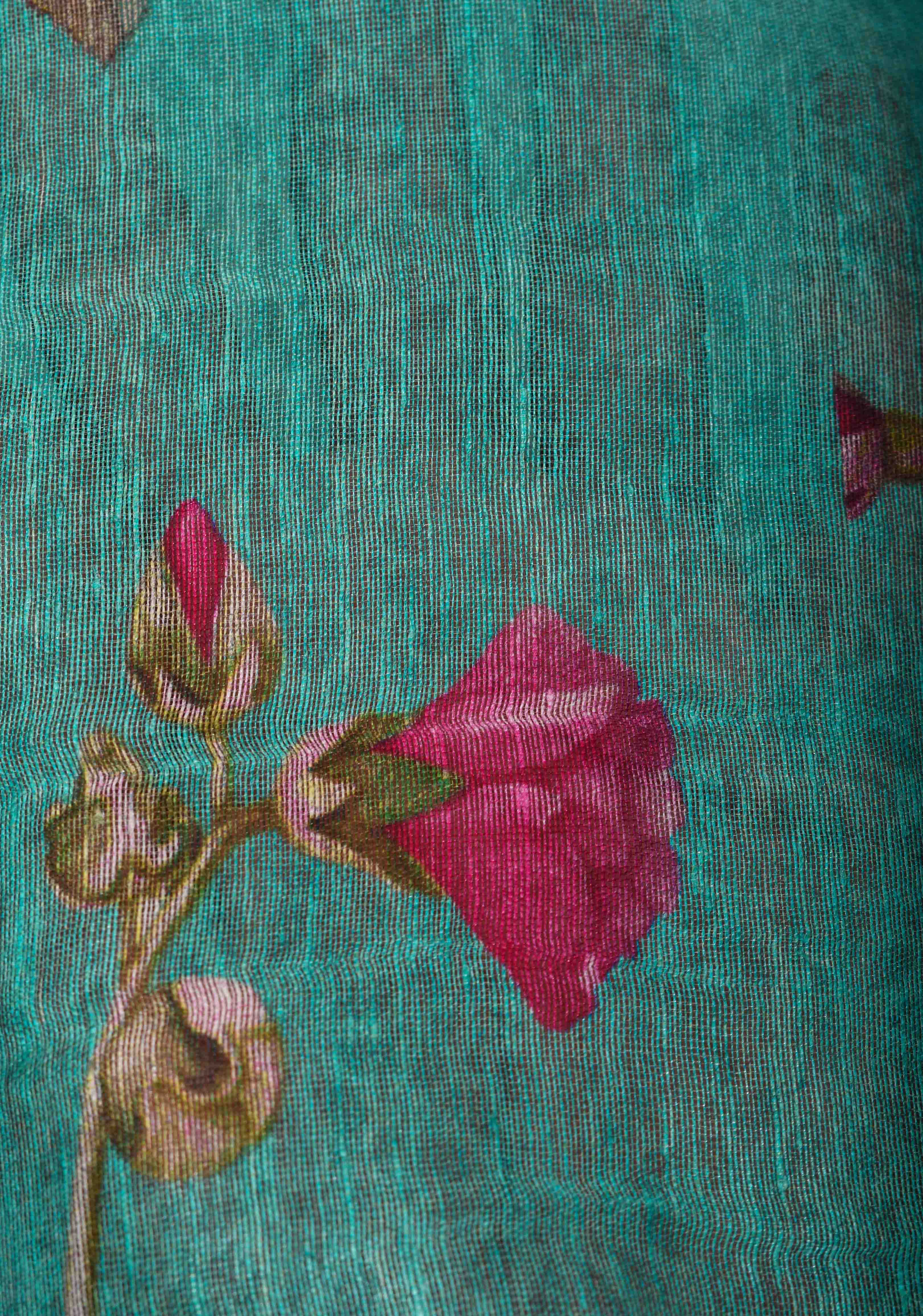 Green Floral Digital Print Silk Linen Saree | Shobitam