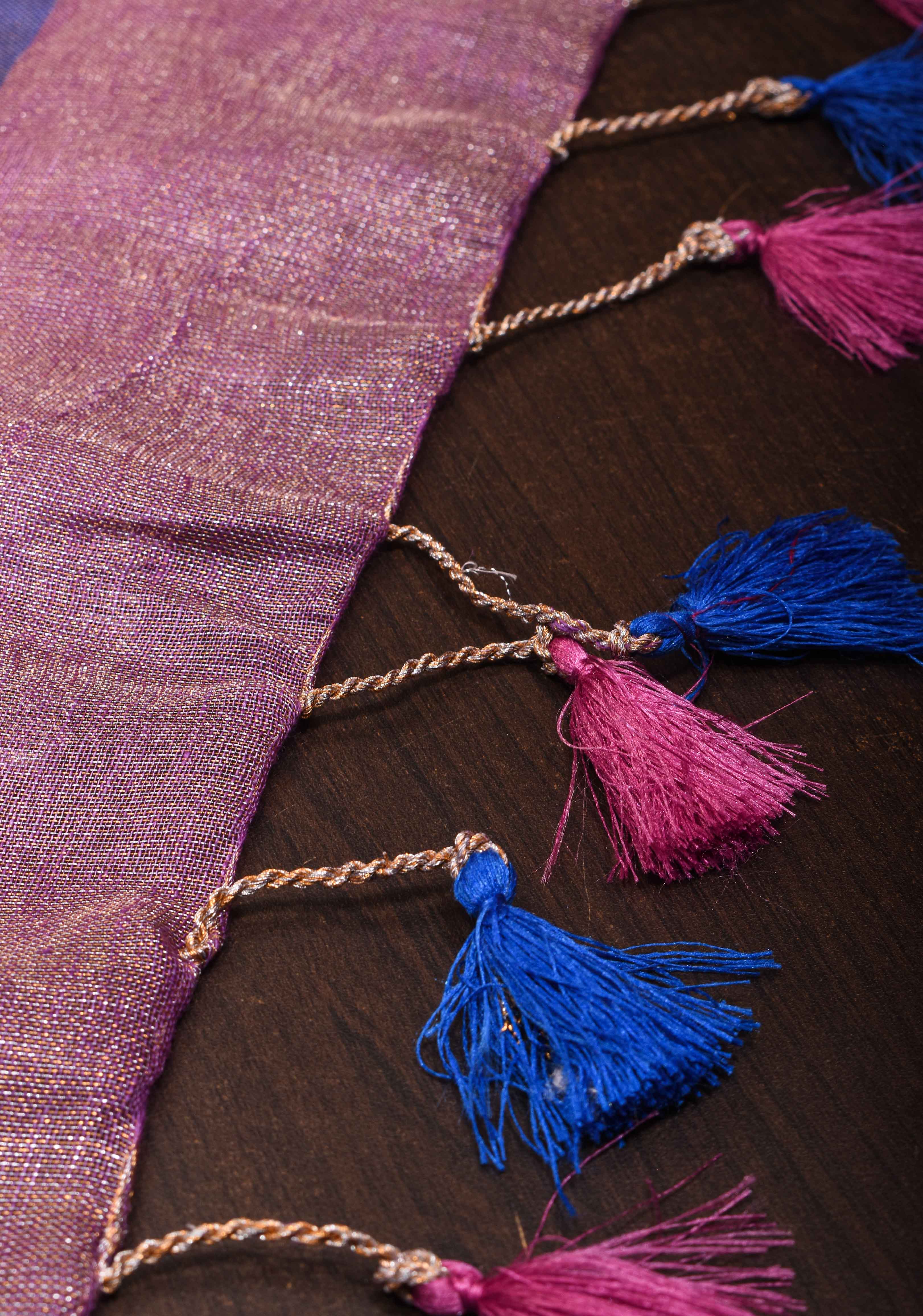 Soft Purple Tissue Linen Saree with contrast Border and Pallu | Shobitam
