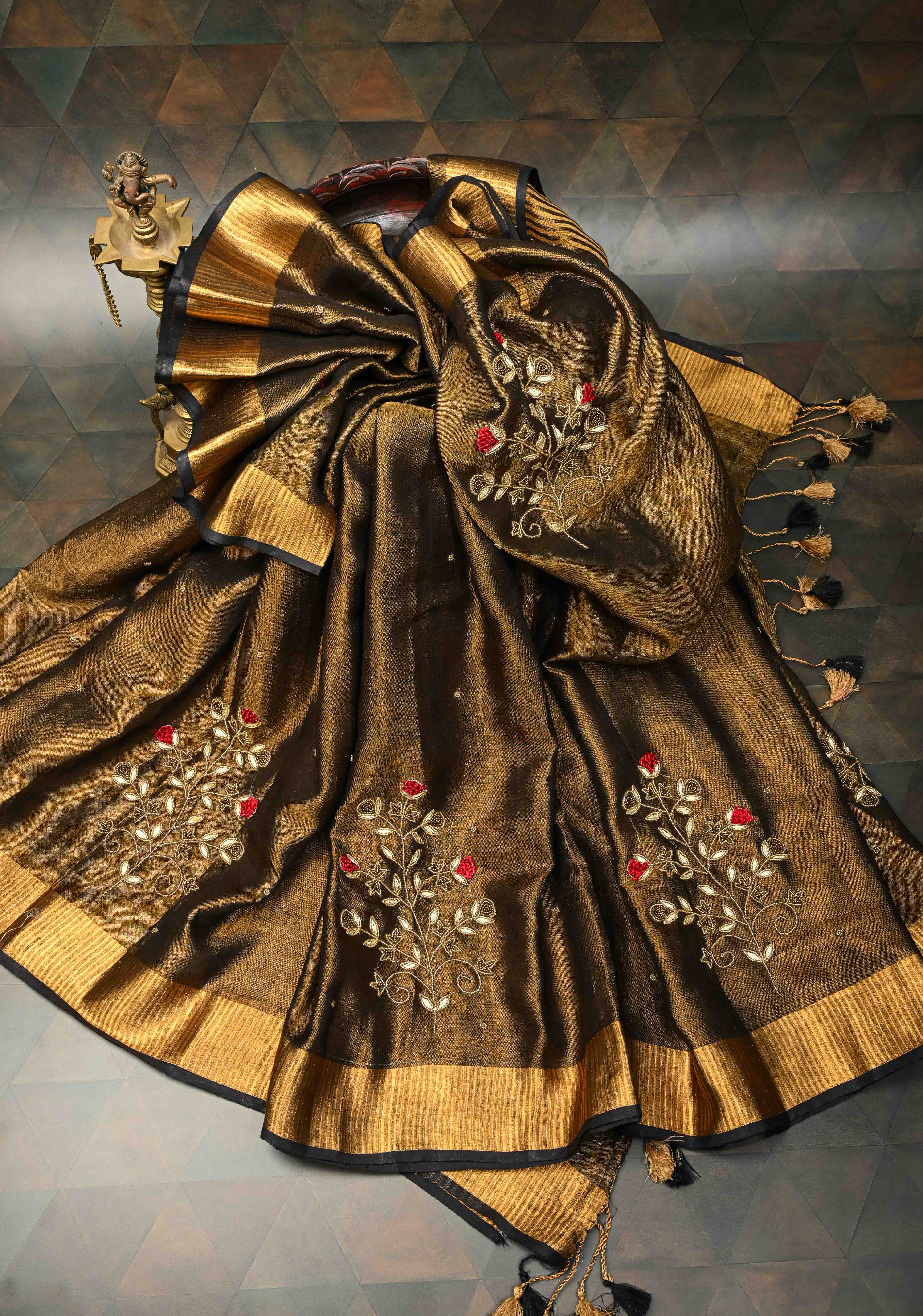Hand Embroidery and Beadwork in copper and Black on Tissue Linen Saree | Shobitam