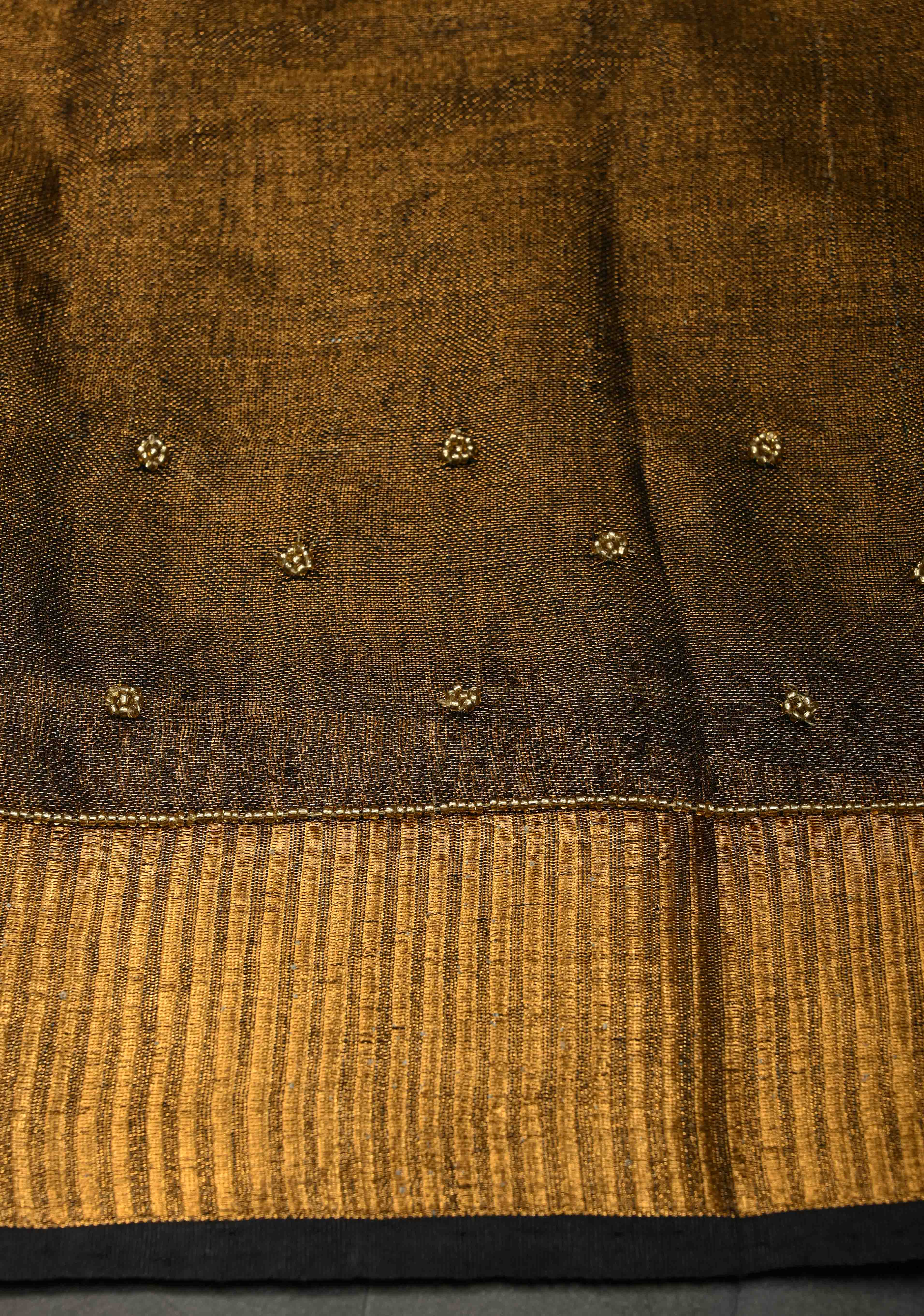 Hand Embroidery and Beadwork in copper and Black on Tissue Linen Saree | Shobitam