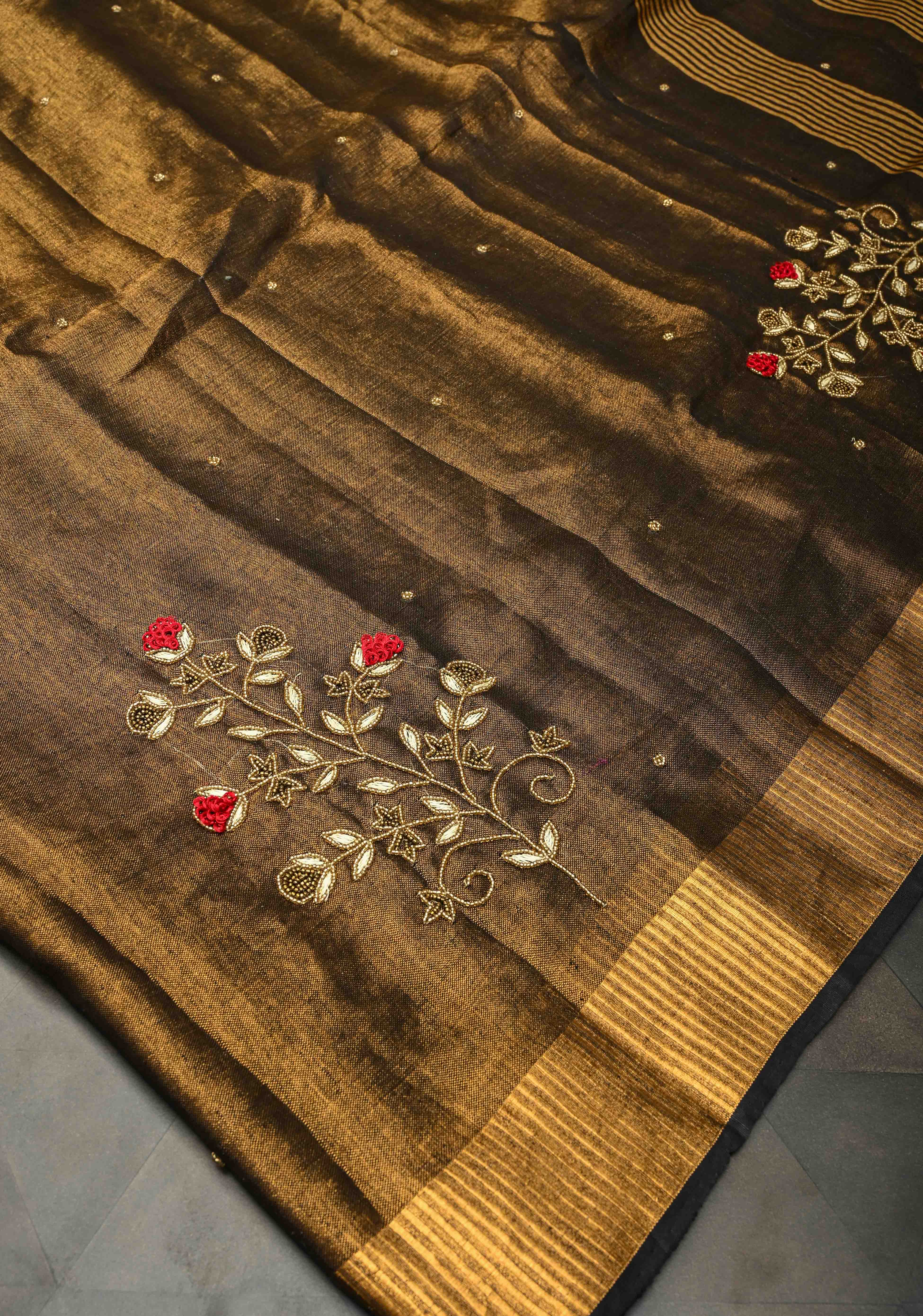 Hand Embroidery and Beadwork in copper and Black on Tissue Linen Saree | Shobitam