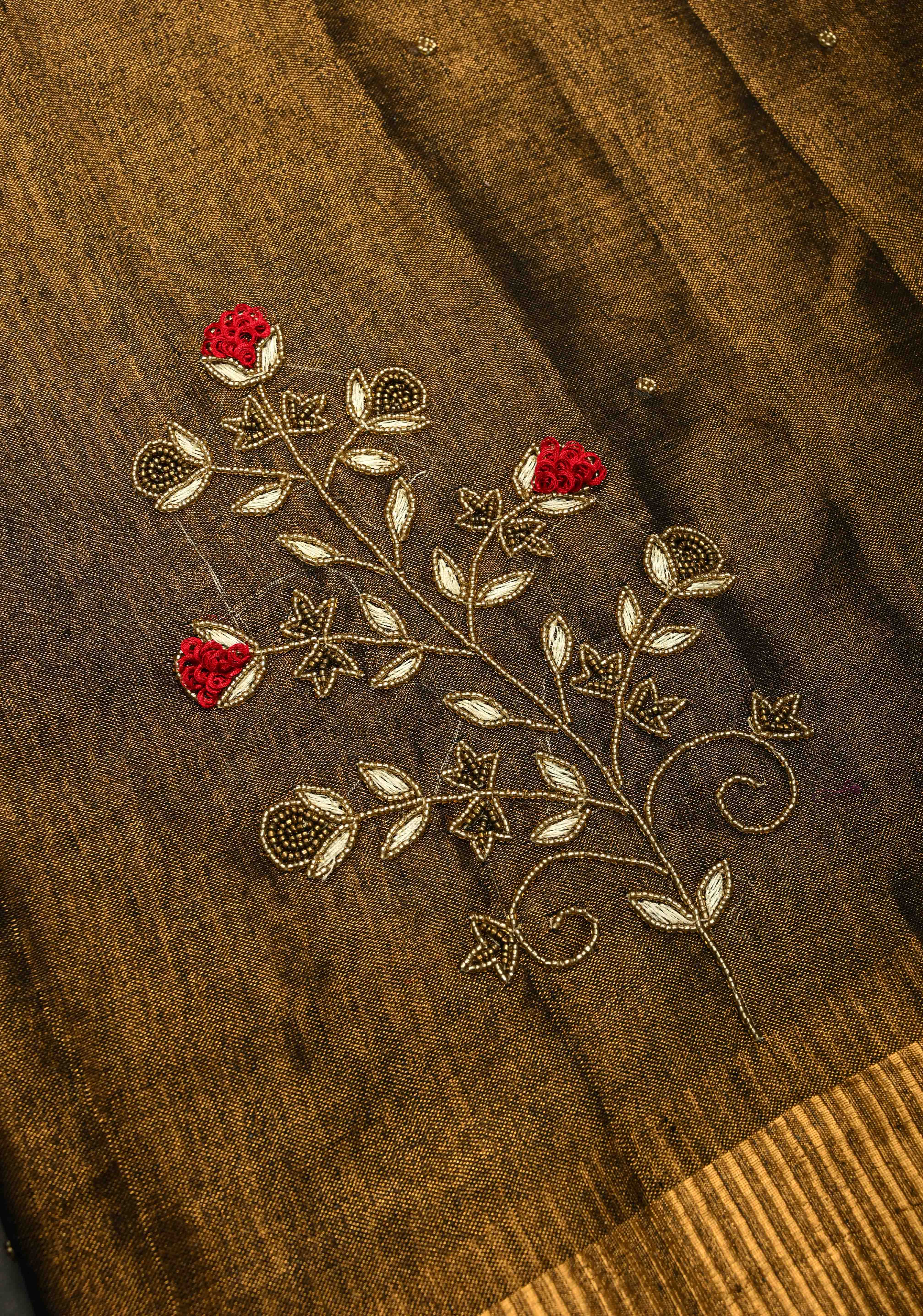 Hand Embroidery and Beadwork in copper and Black on Tissue Linen Saree | Shobitam