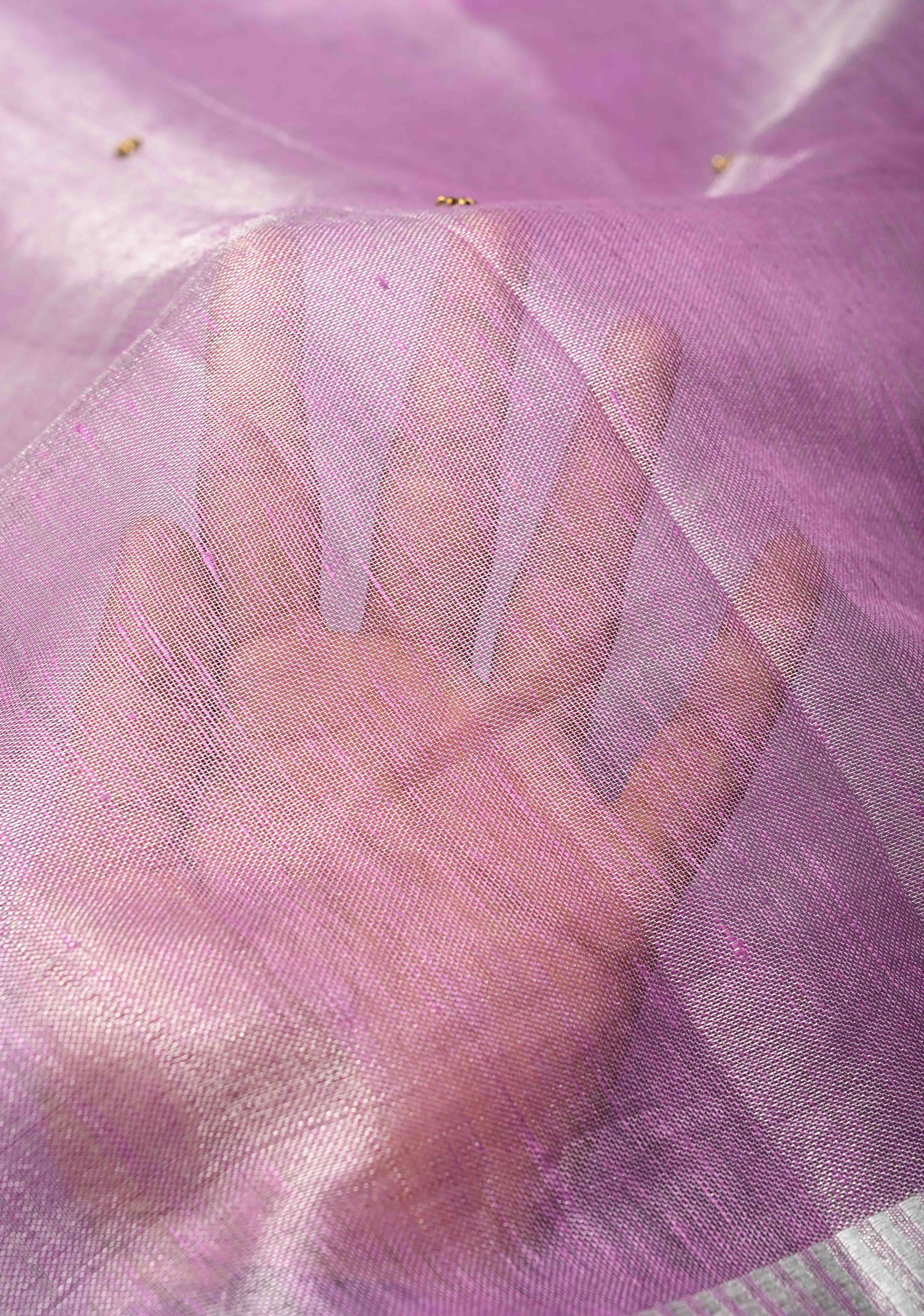 Hand Beadwork on Tissue Linen Saree in Lavender with Silver Tissue | Shobitam