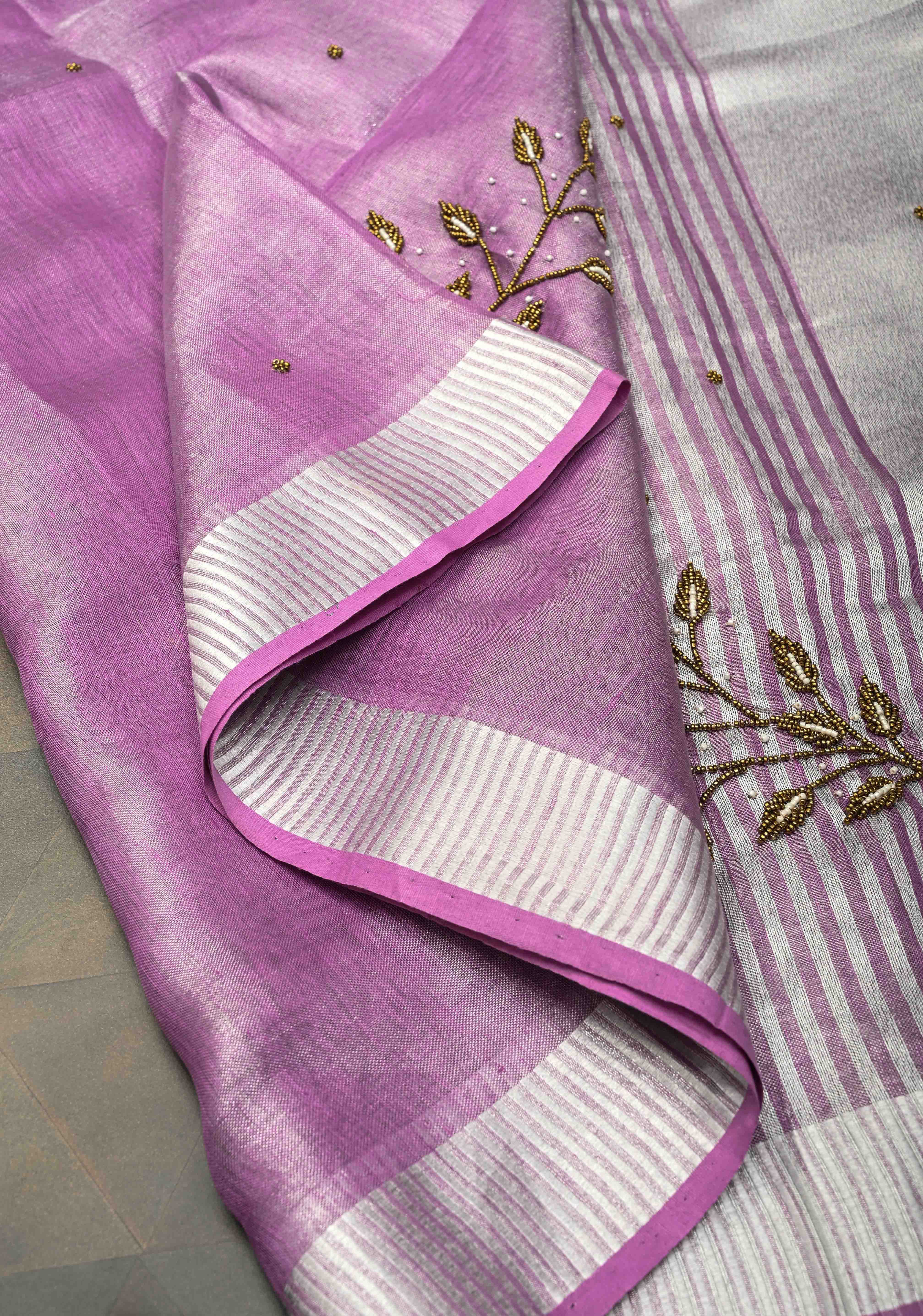 Hand Beadwork on Tissue Linen Saree in Lavender with Silver Tissue | Shobitam