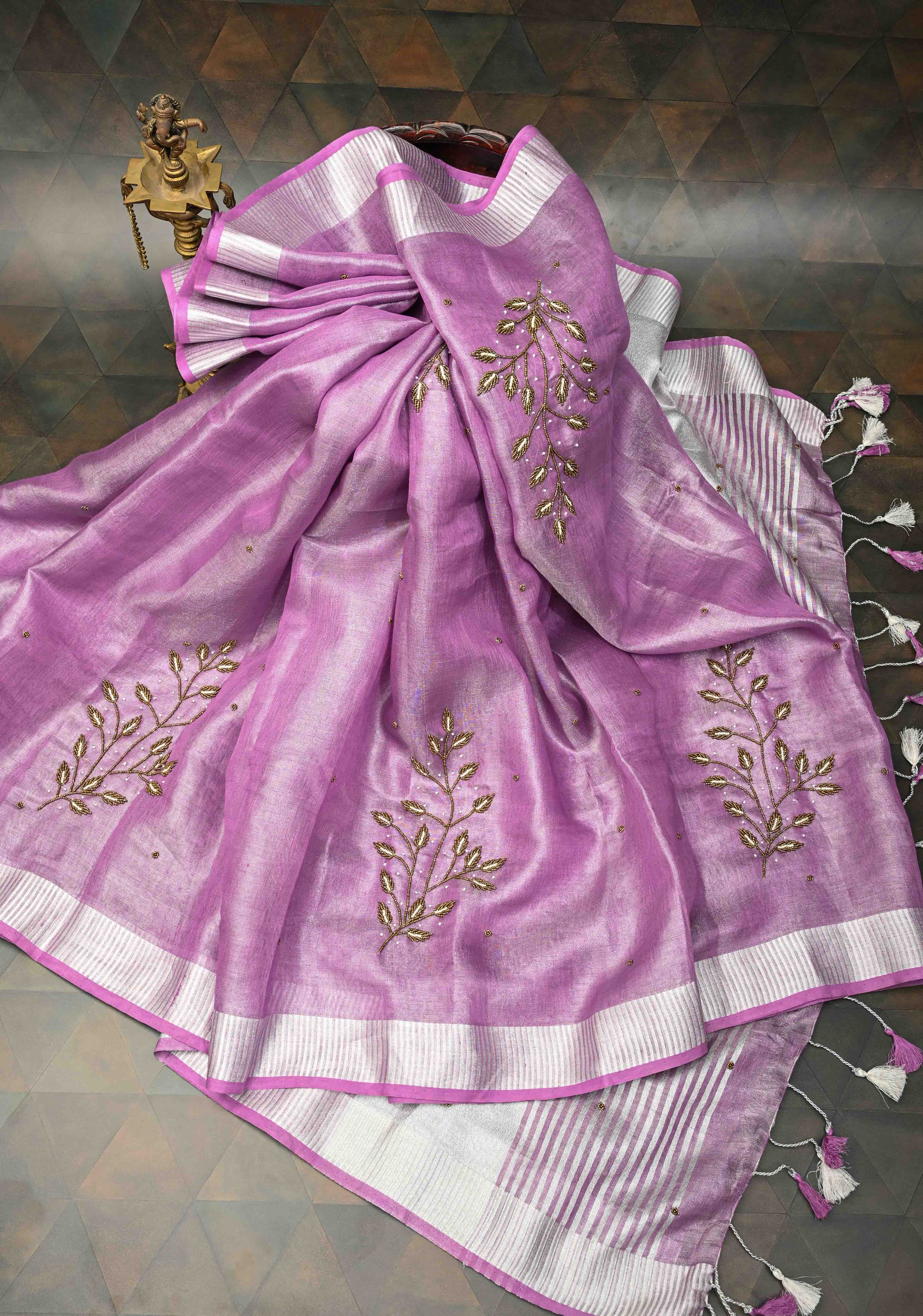 Hand Beadwork on Tissue Linen Saree in Lavender with Silver Tissue | Shobitam