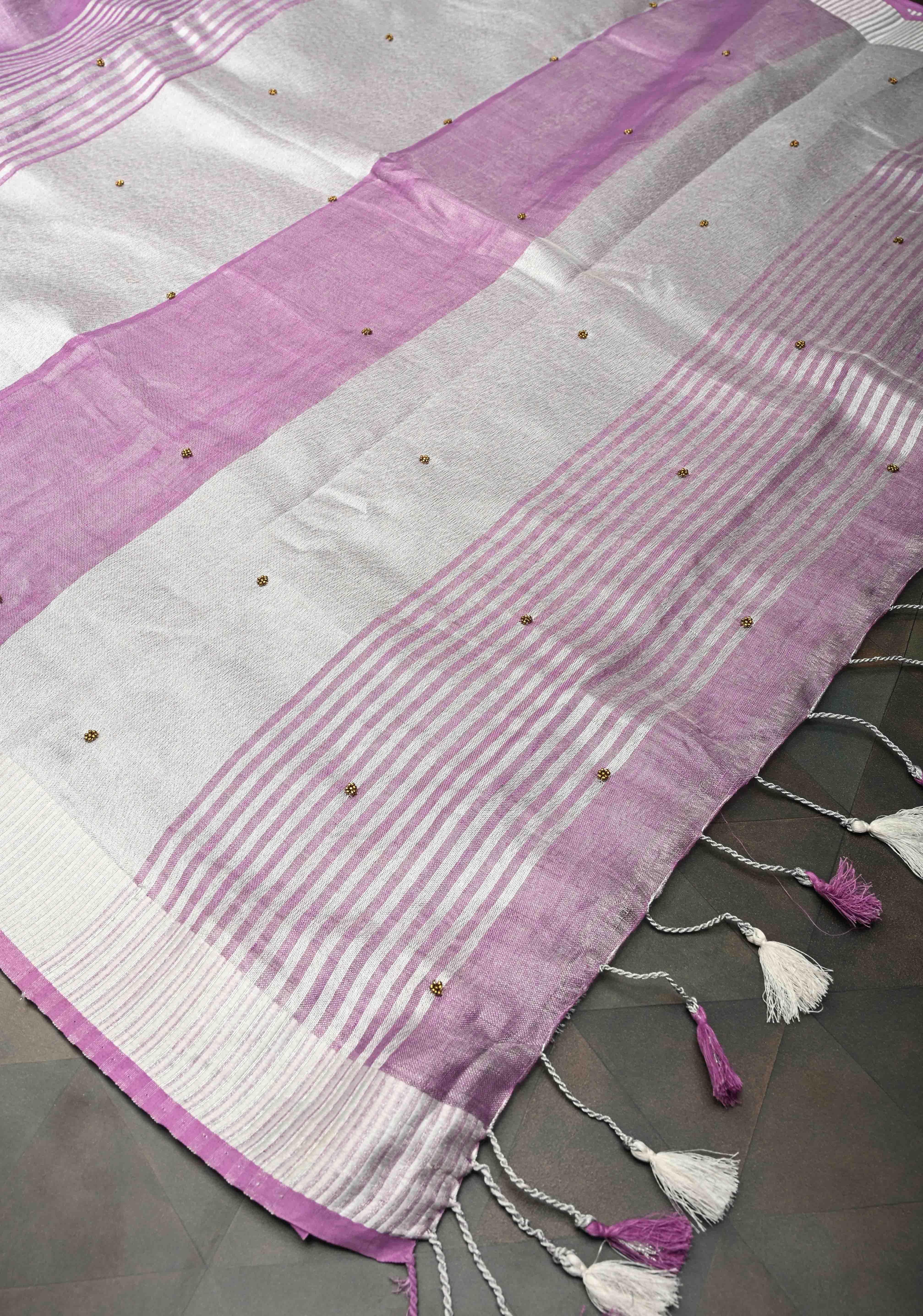 Hand Beadwork on Tissue Linen Saree in Lavender with Silver Tissue | Shobitam