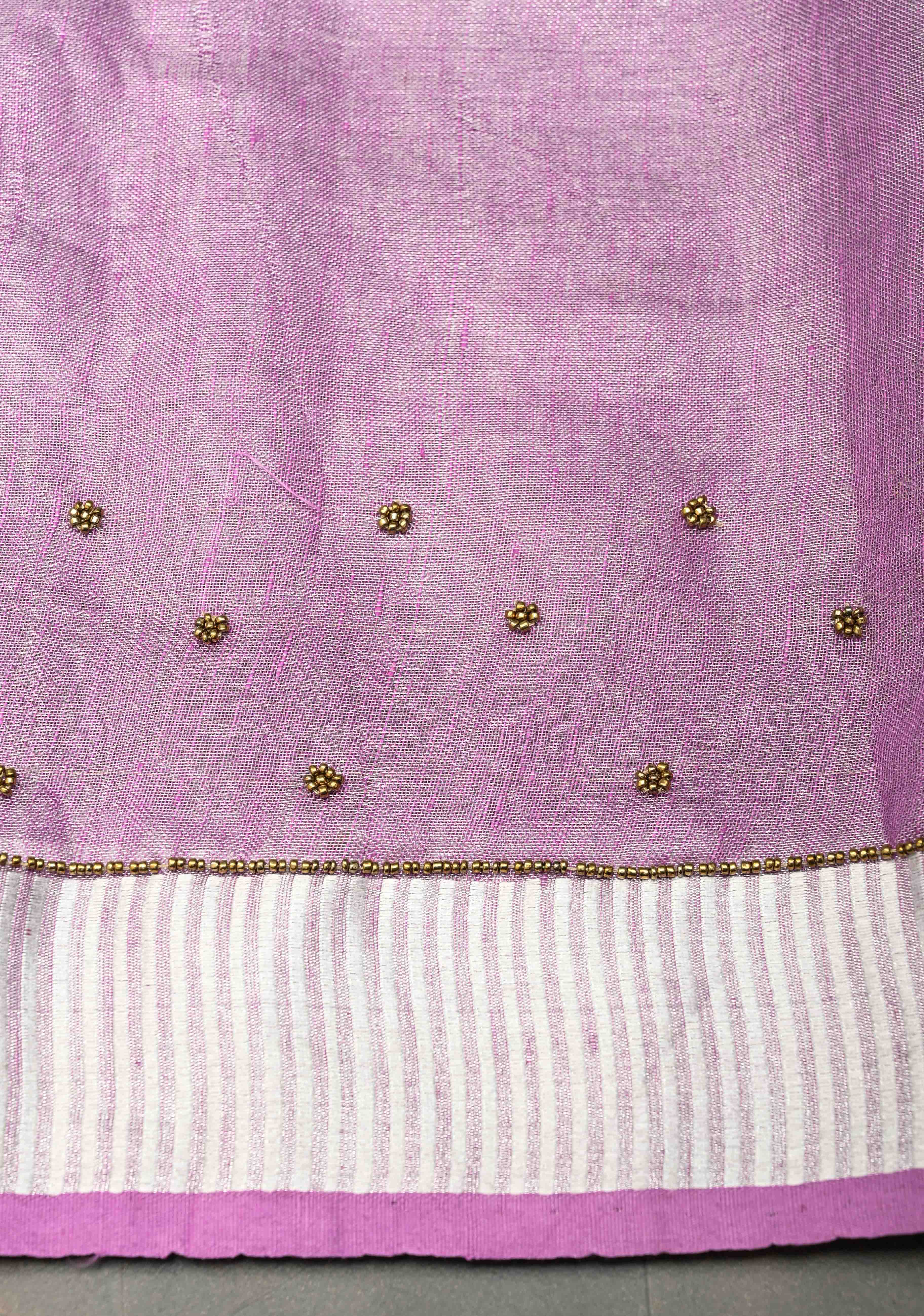 Hand Beadwork on Tissue Linen Saree in Lavender with Silver Tissue | Shobitam