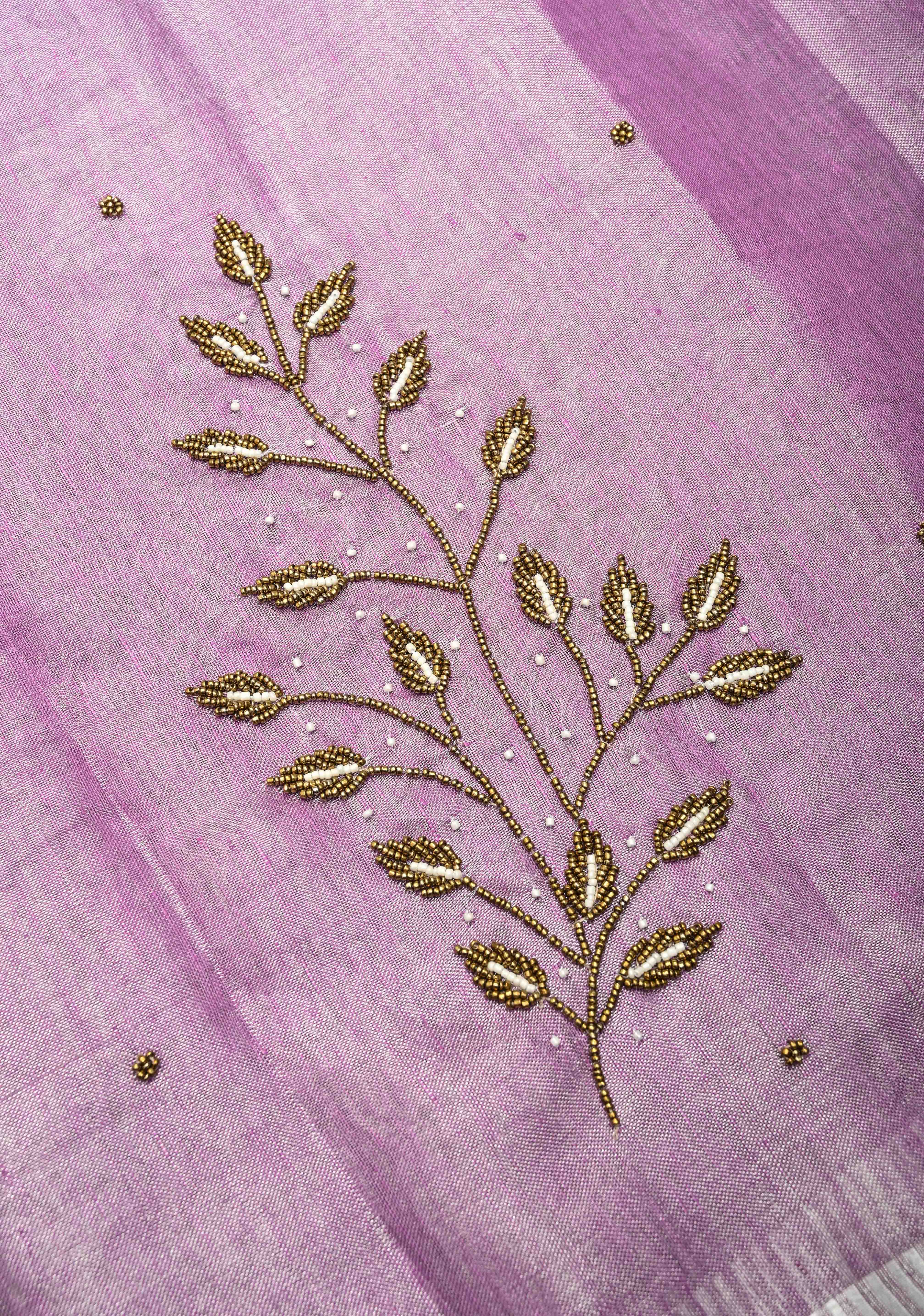 Hand Beadwork on Tissue Linen Saree in Lavender with Silver Tissue | Shobitam