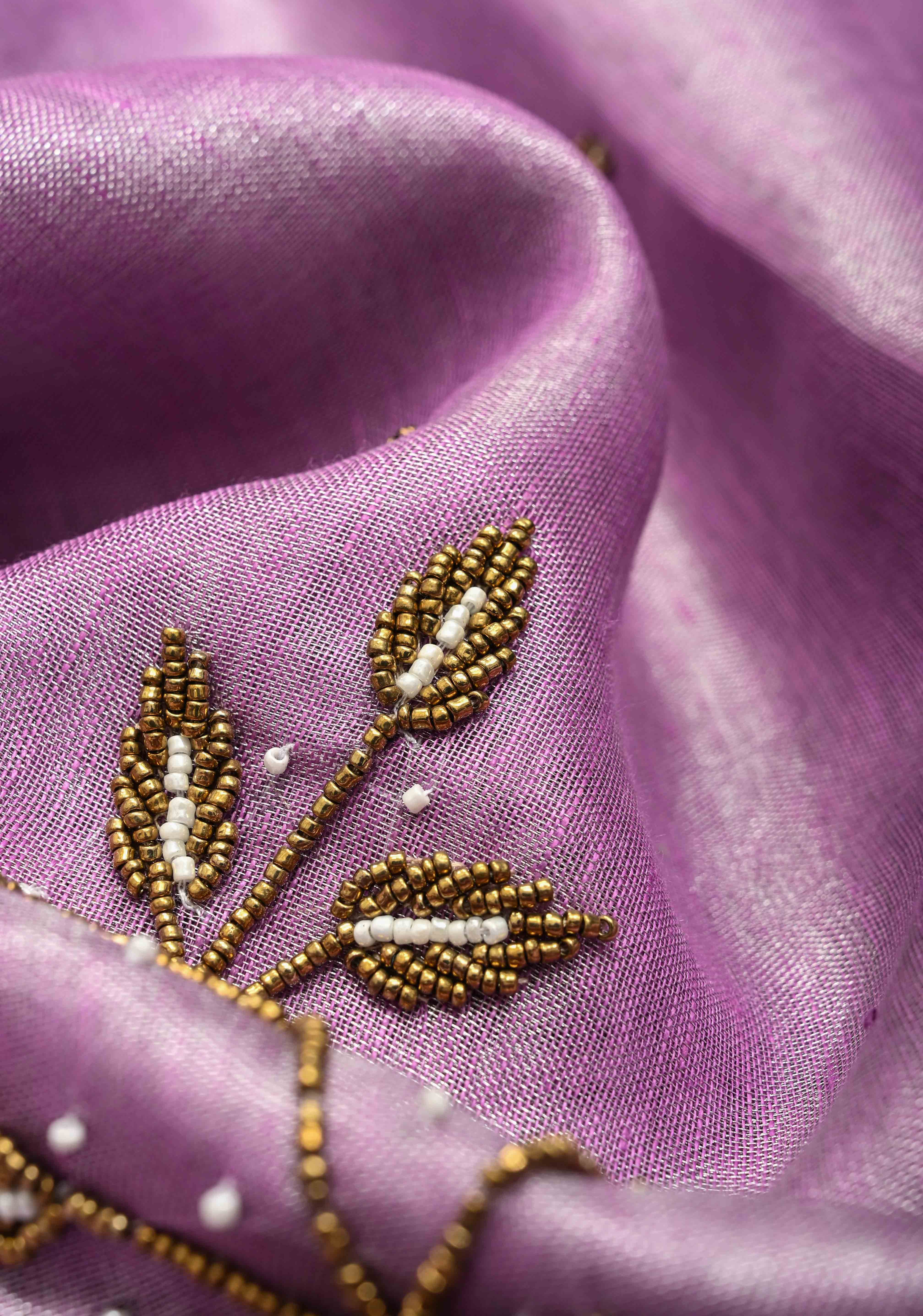 Hand Beadwork on Tissue Linen Saree in Lavender with Silver Tissue | Shobitam