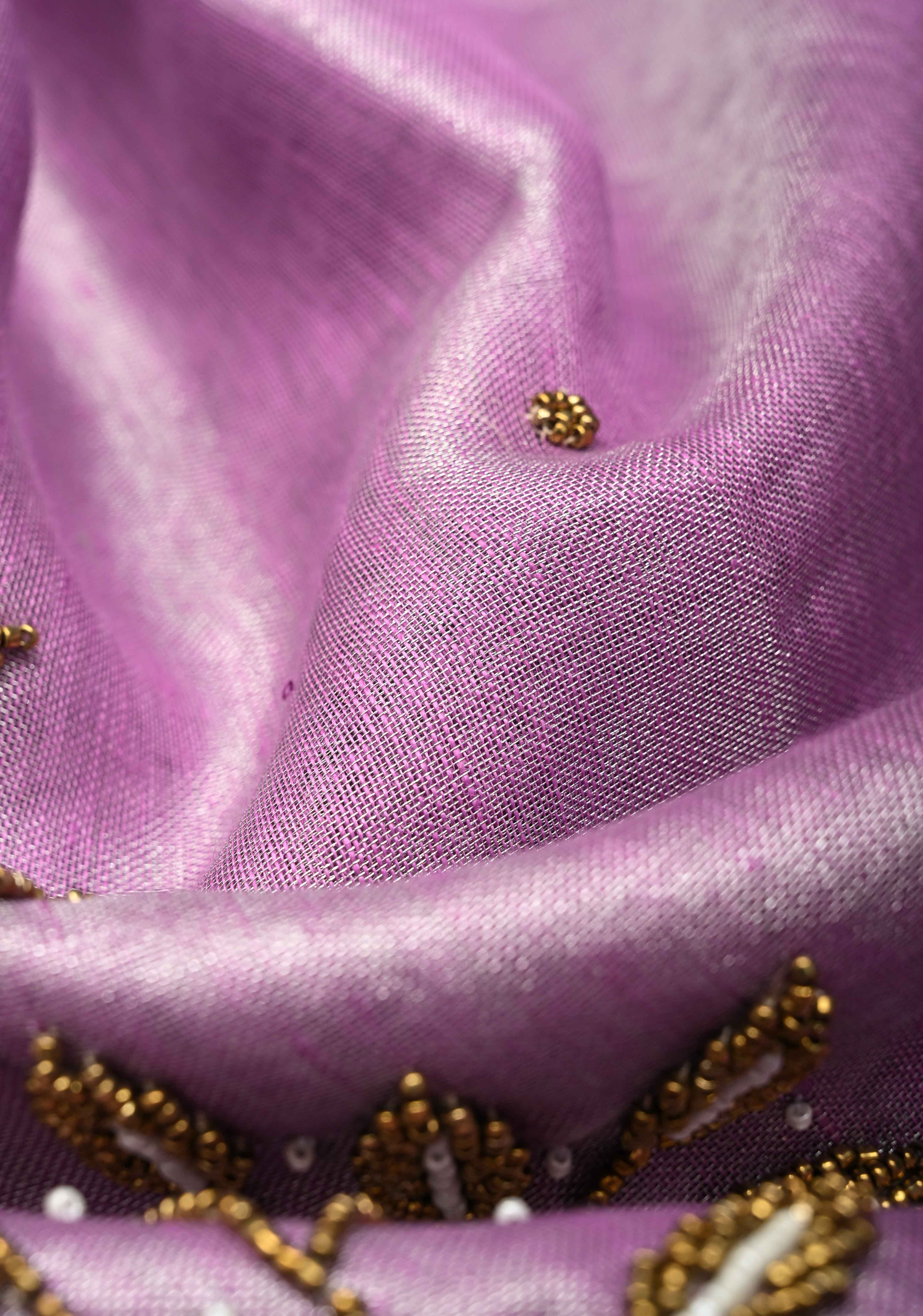 Hand Beadwork on Tissue Linen Saree in Lavender with Silver Tissue | Shobitam