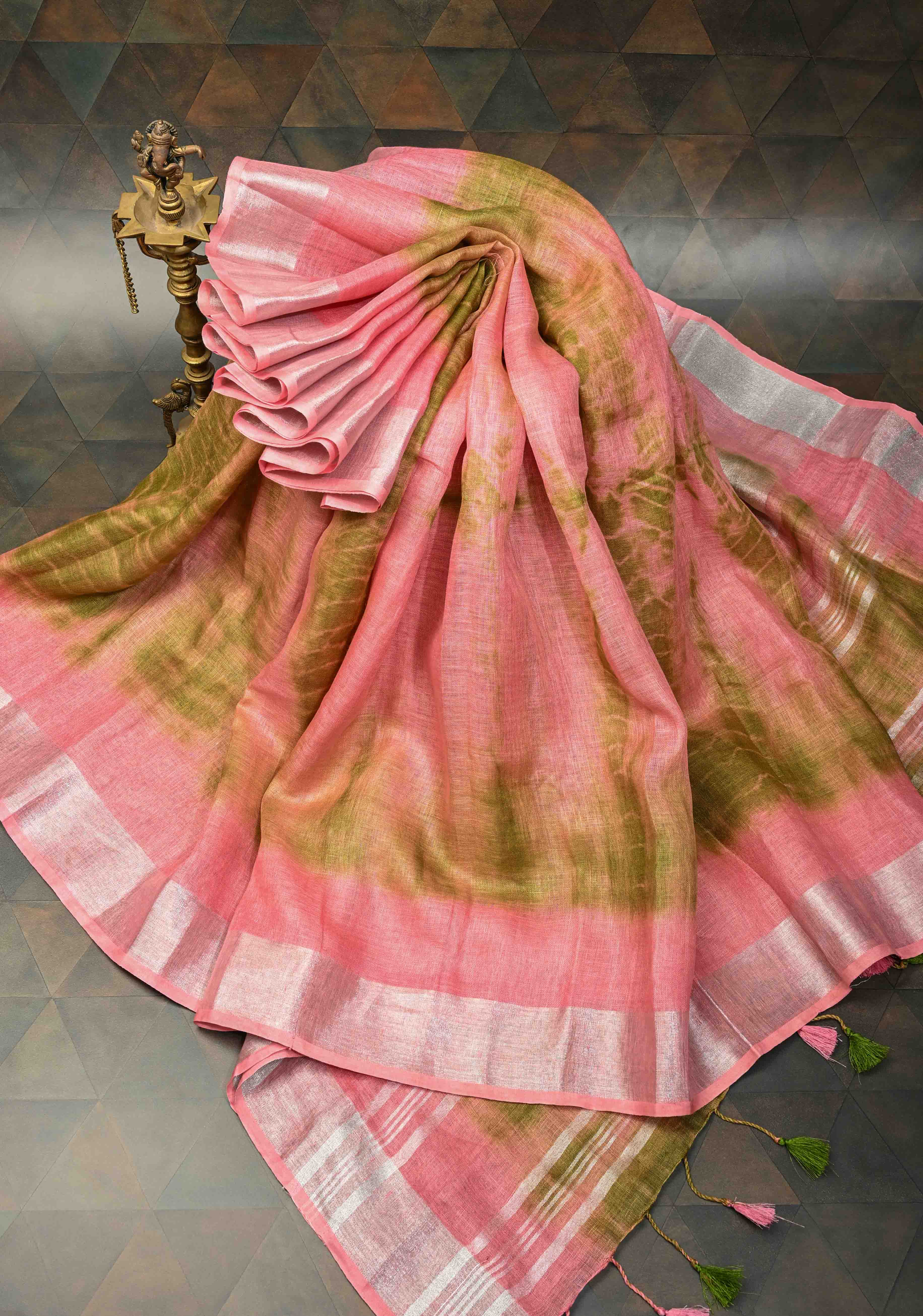 Shibori in Pink & Green on Linen by Linen Saree with Silver Zari Border | Shobitam