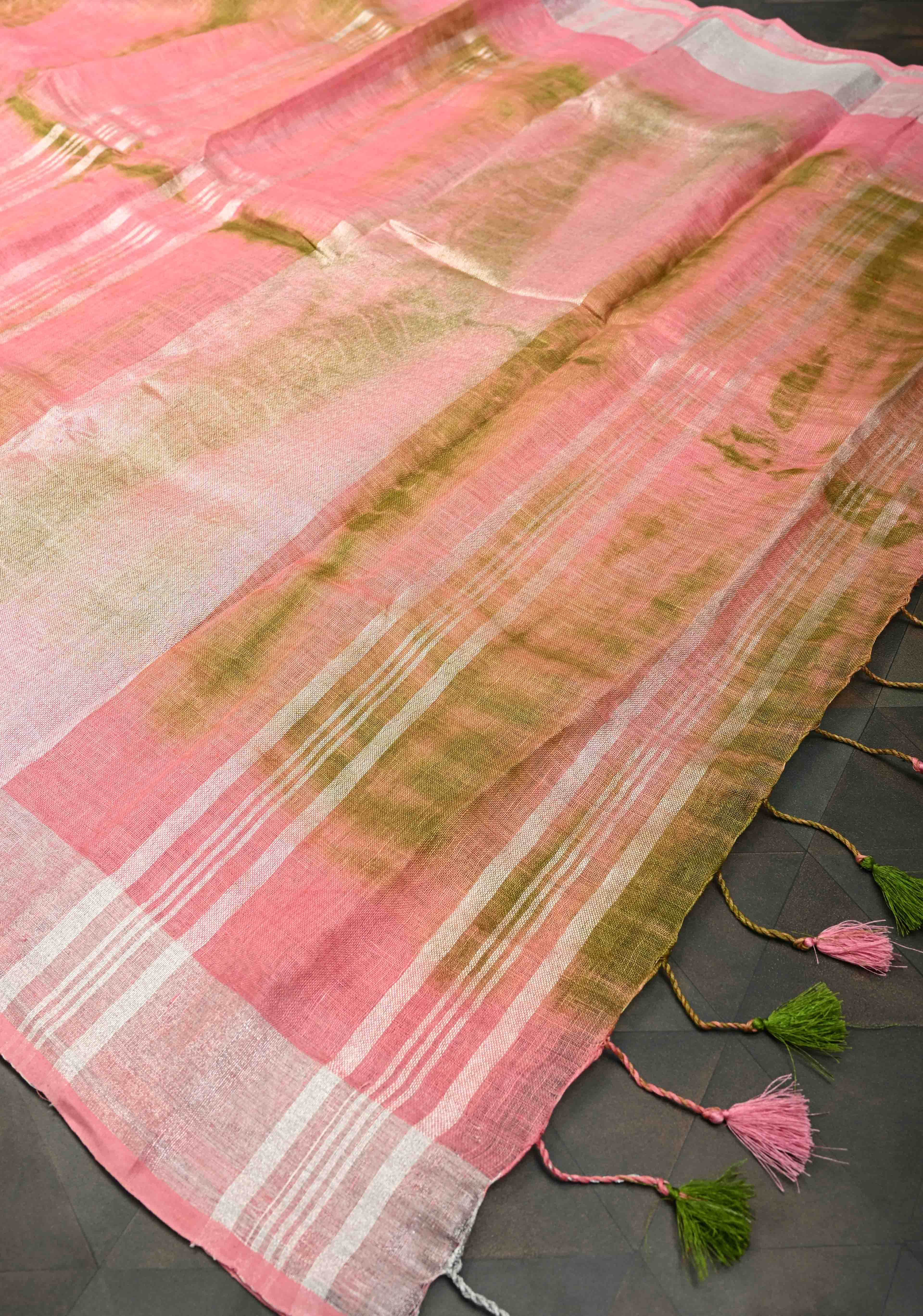 Shibori in Pink & Green on Linen by Linen Saree with Silver Zari Border | Shobitam