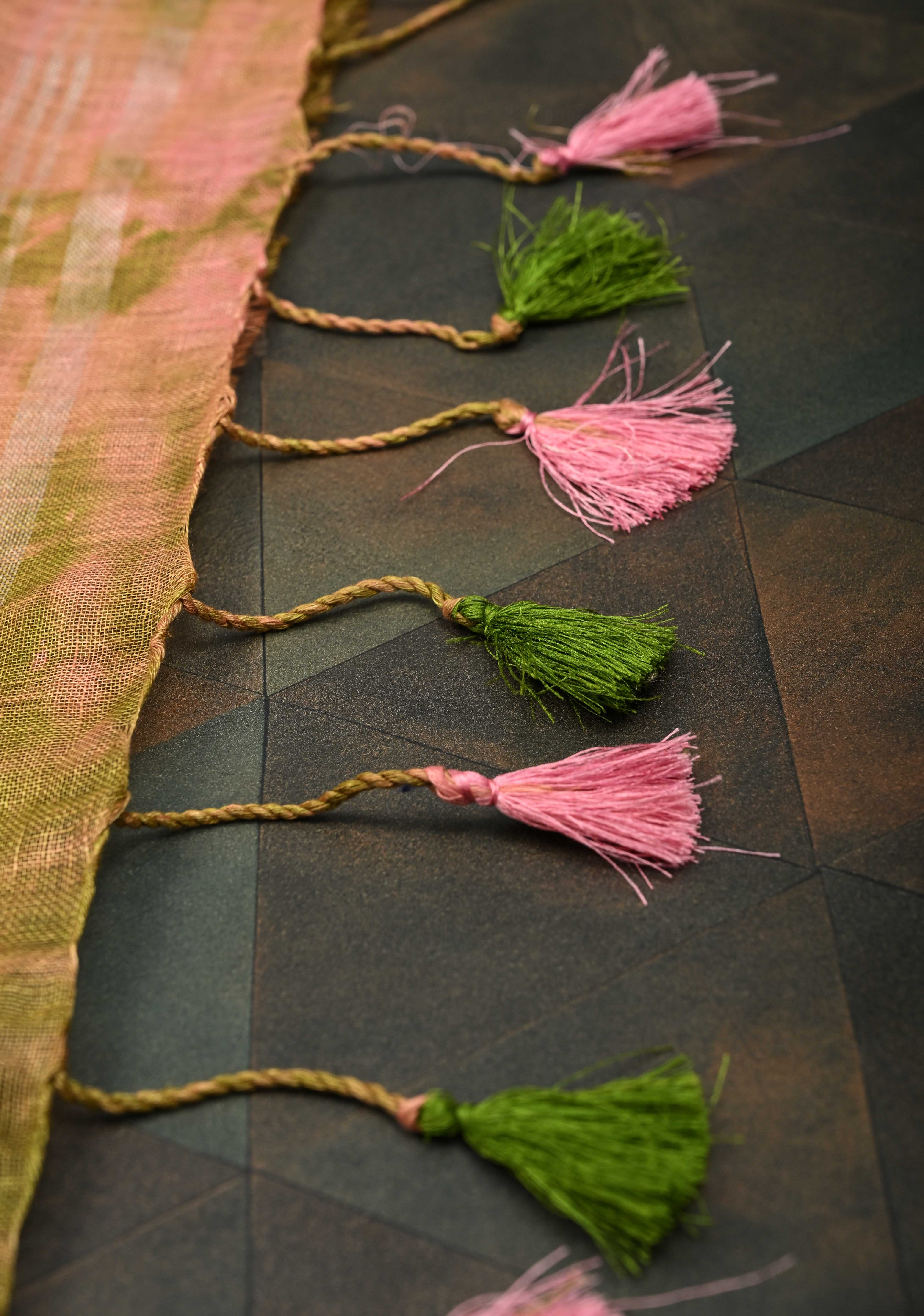 Shibori in Pink & Green on Linen by Linen Saree with Silver Zari Border | Shobitam