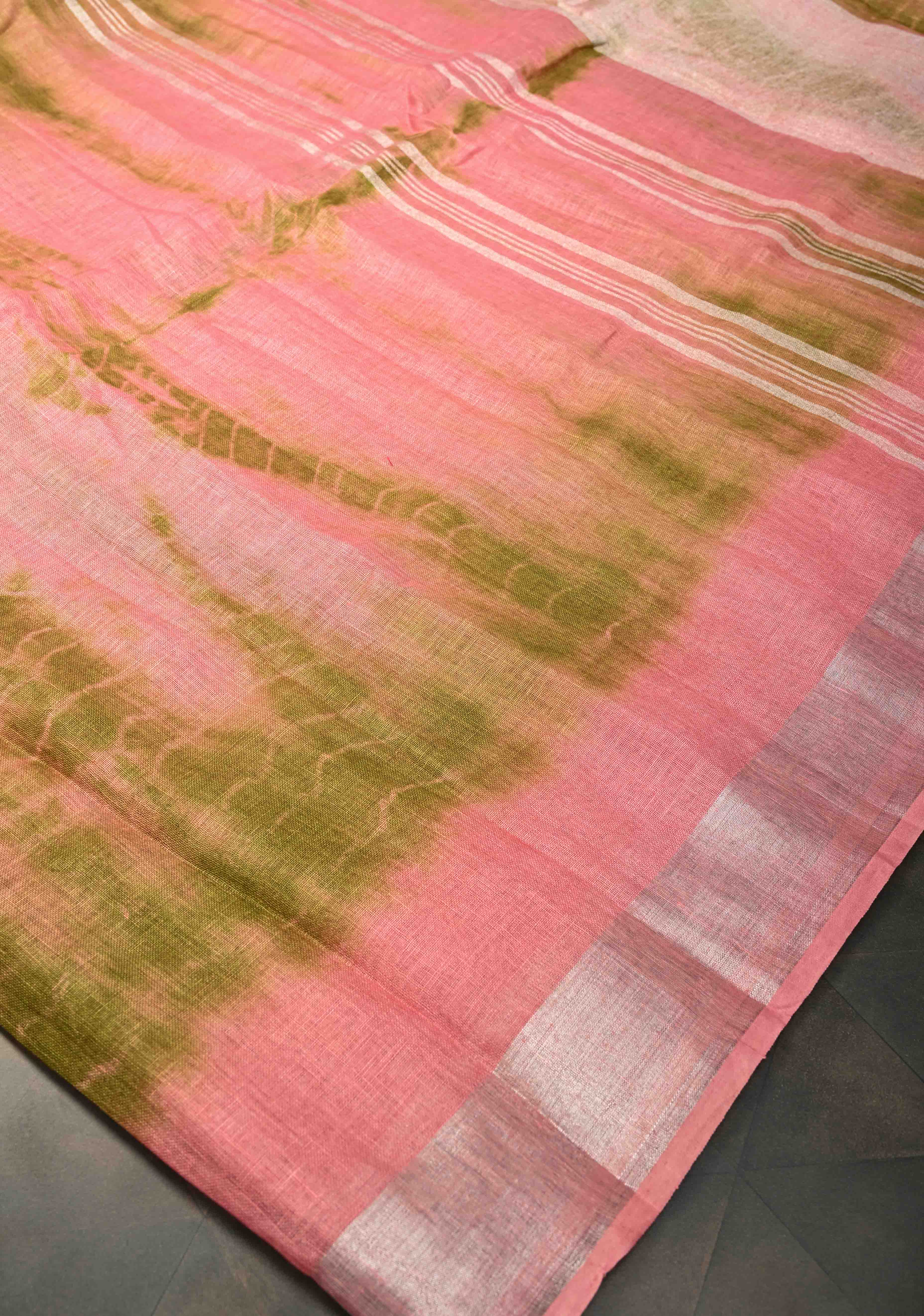 Shibori in Pink & Green on Linen by Linen Saree with Silver Zari Border | Shobitam