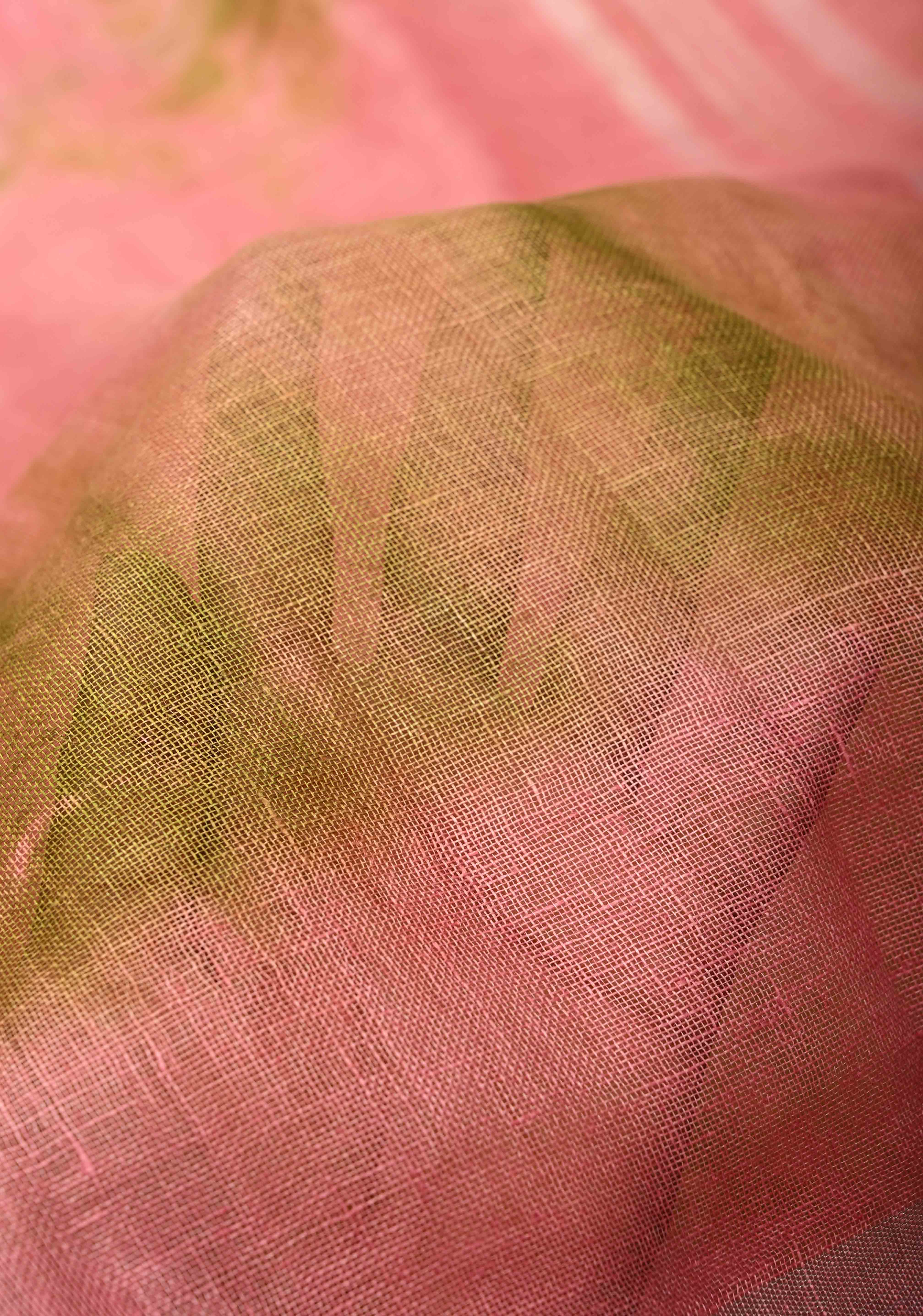 Shibori in Pink & Green on Linen by Linen Saree with Silver Zari Border | Shobitam