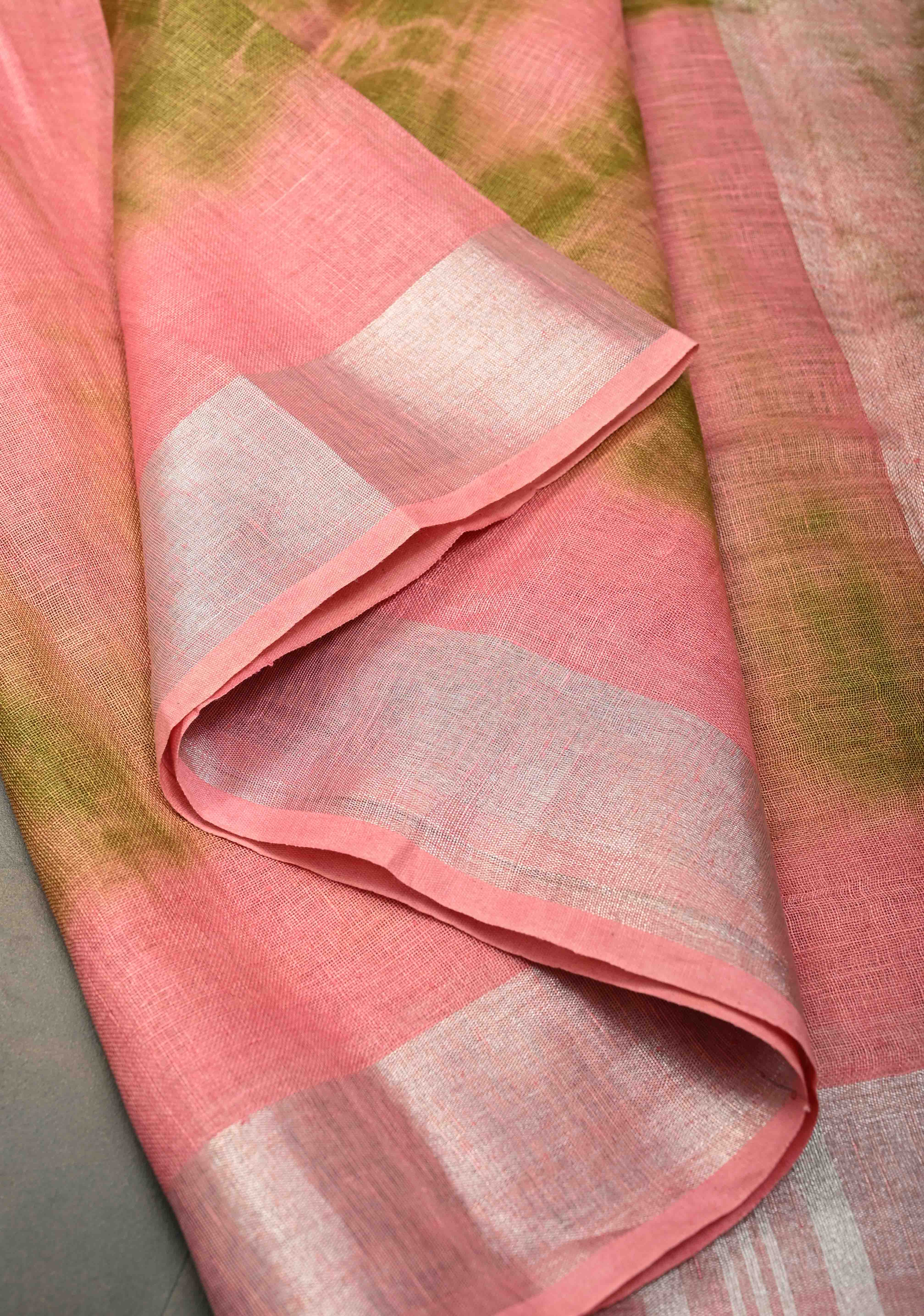 Shibori in Pink & Green on Linen by Linen Saree with Silver Zari Border | Shobitam