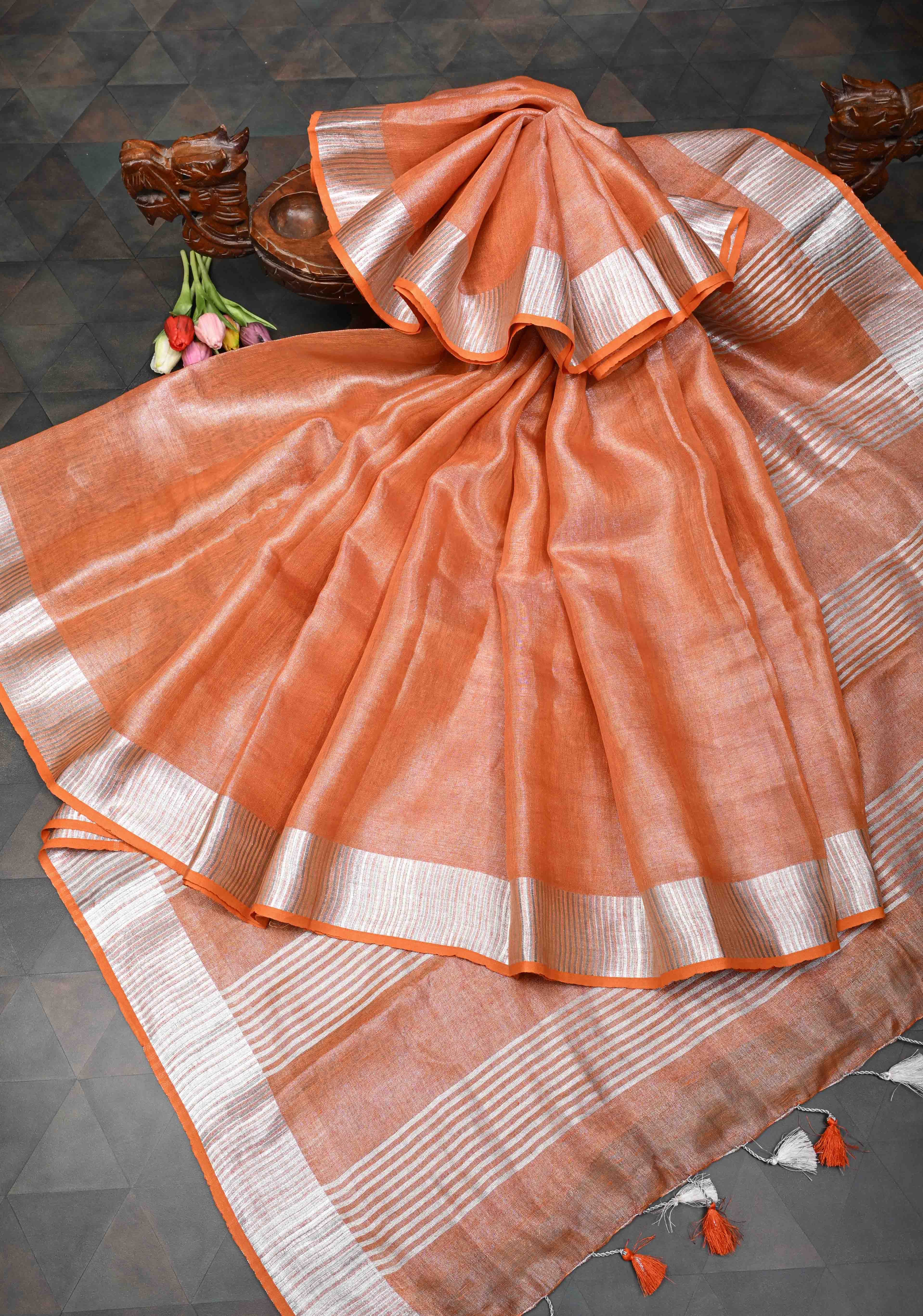 Orange Tissue Linen Saree with Silver Zari Border