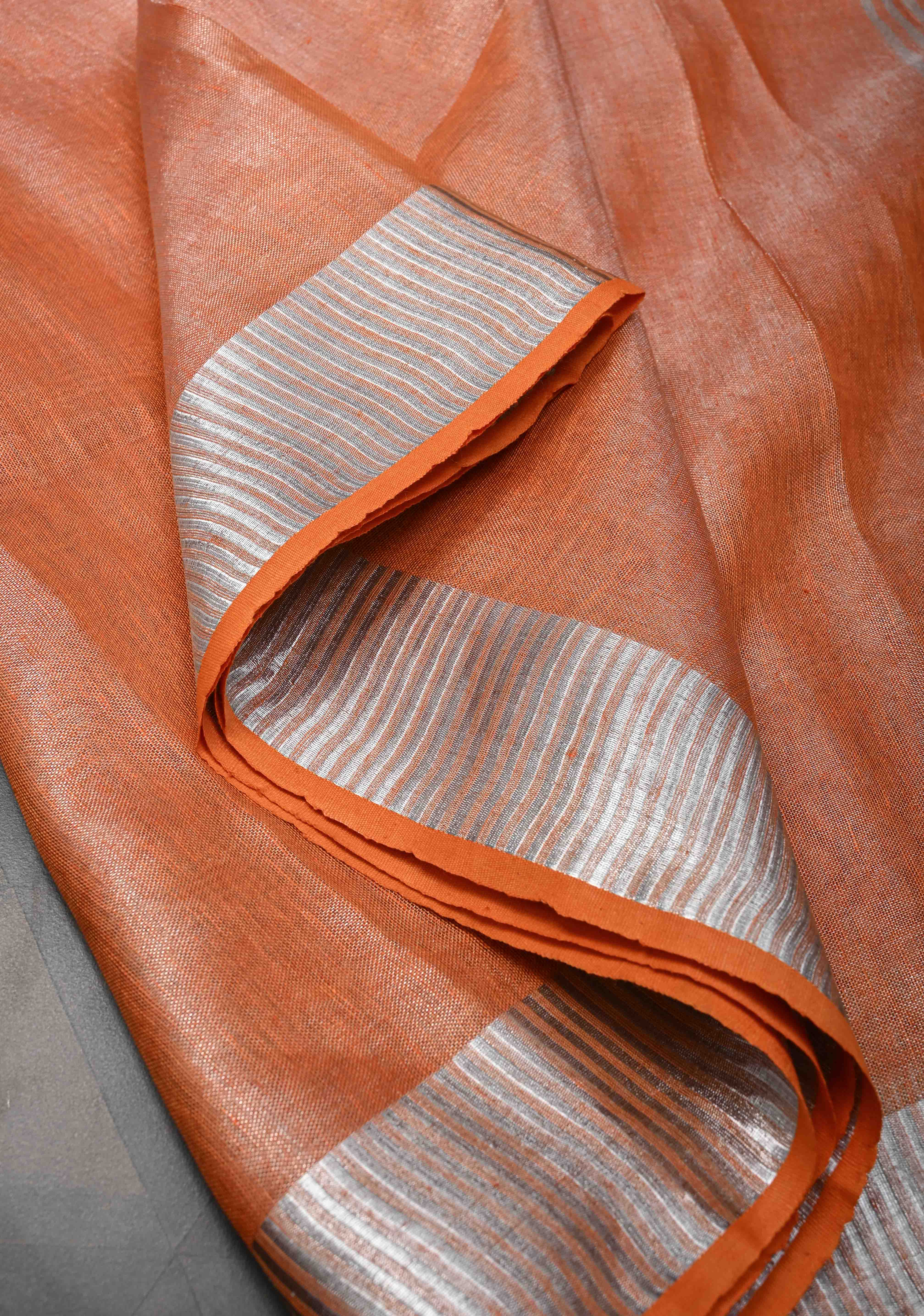 Burnt Orange and Silver Tissue by Linen Saree | Shobitam