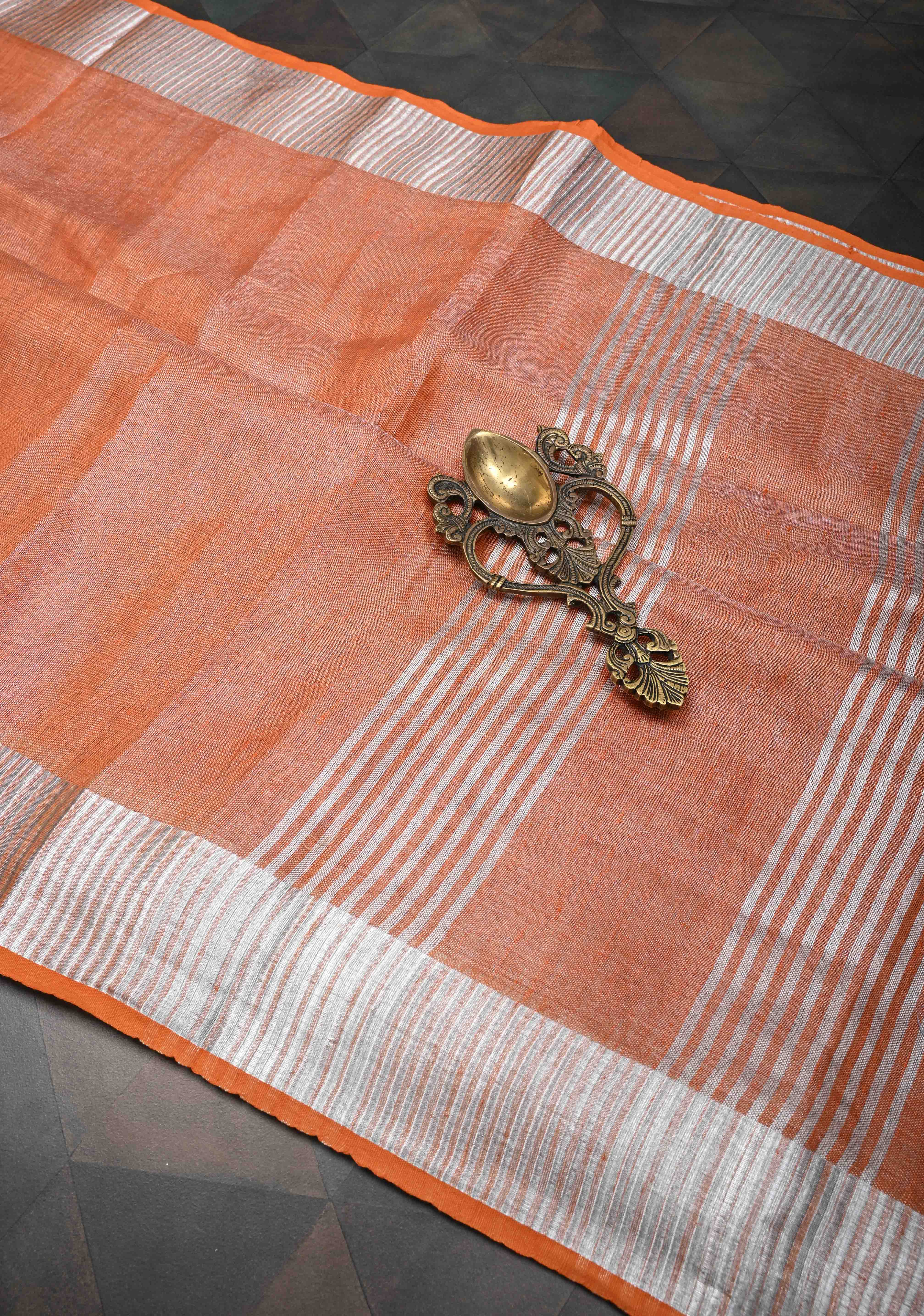 Burnt Orange and Silver Tissue by Linen Saree | Shobitam