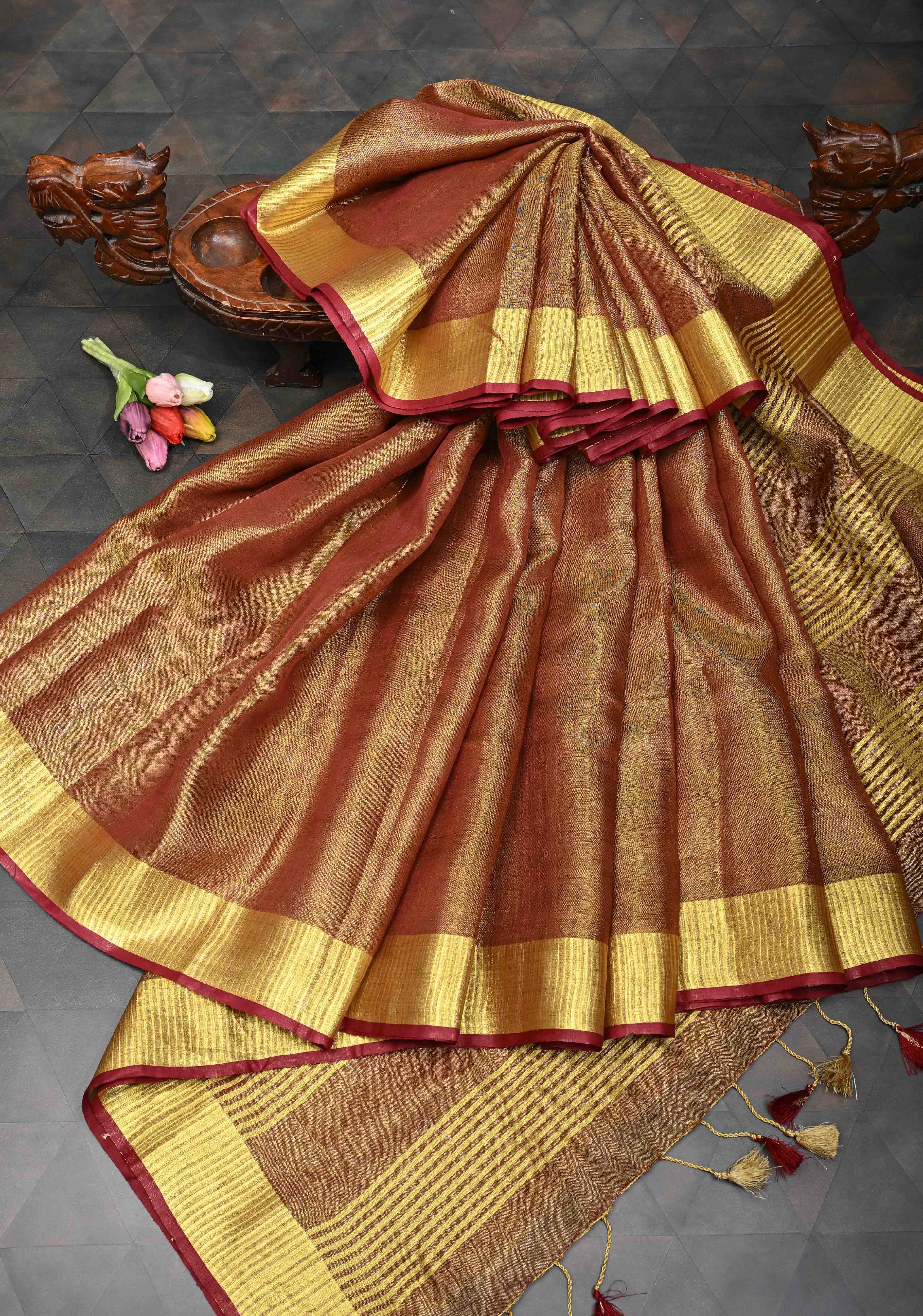 Maroon Tissue Linen Saree with Zari Border | Shobitam