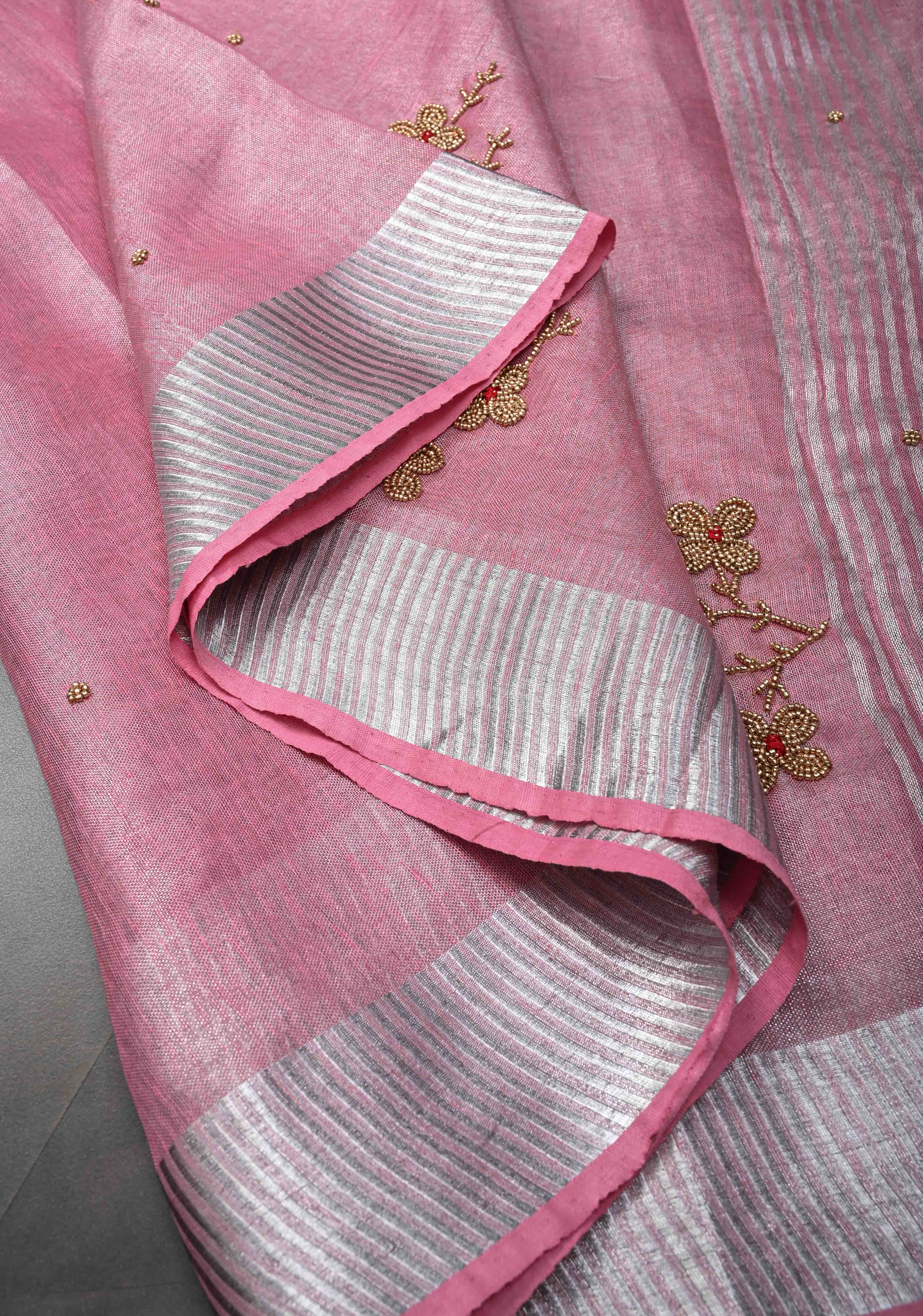 Pink Rose Tissue Linen Saree With Hand Beadwork with Silver Tissue | Shobitam