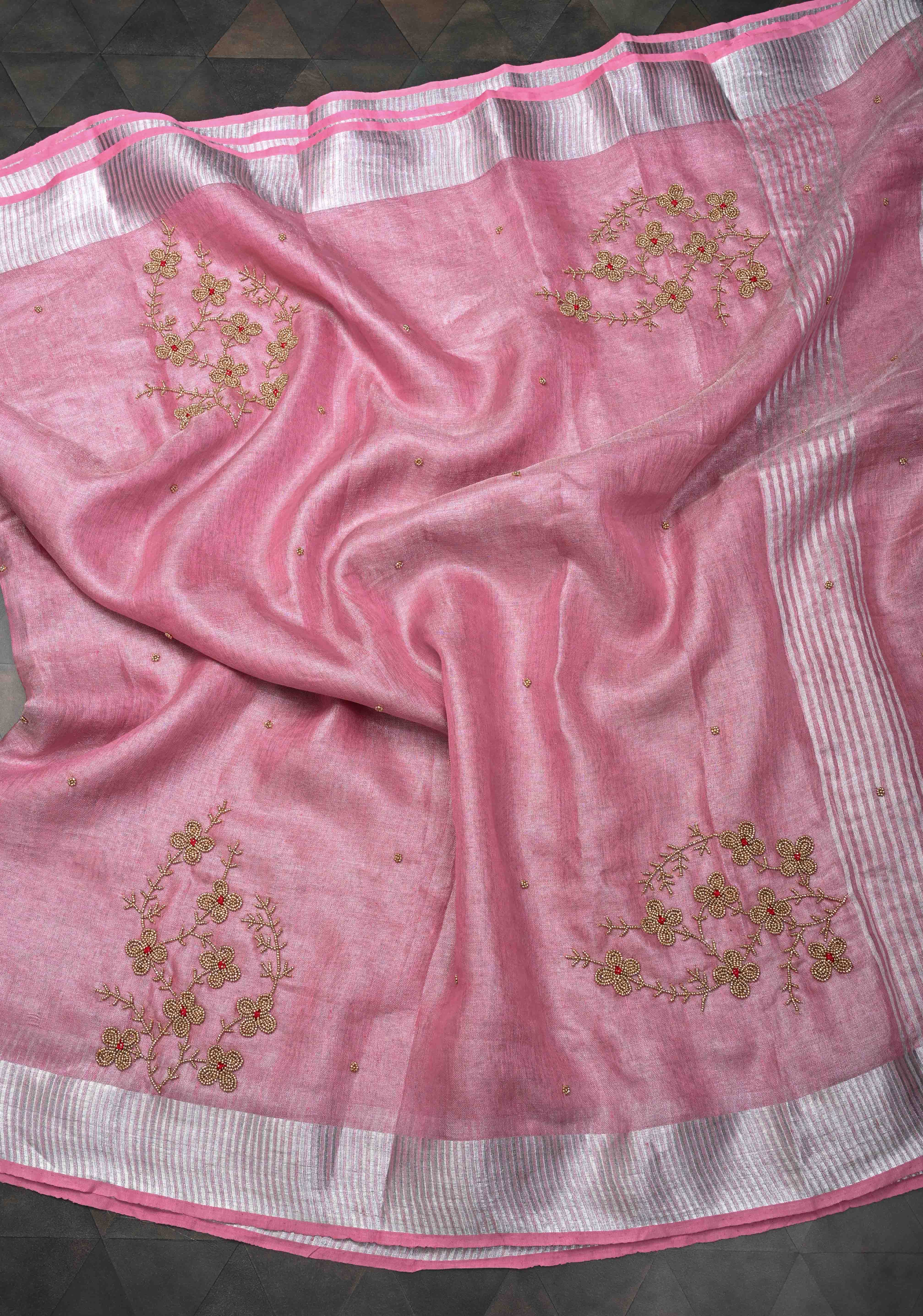Pink Rose Tissue Linen Saree With Hand Beadwork with Silver Tissue | Shobitam