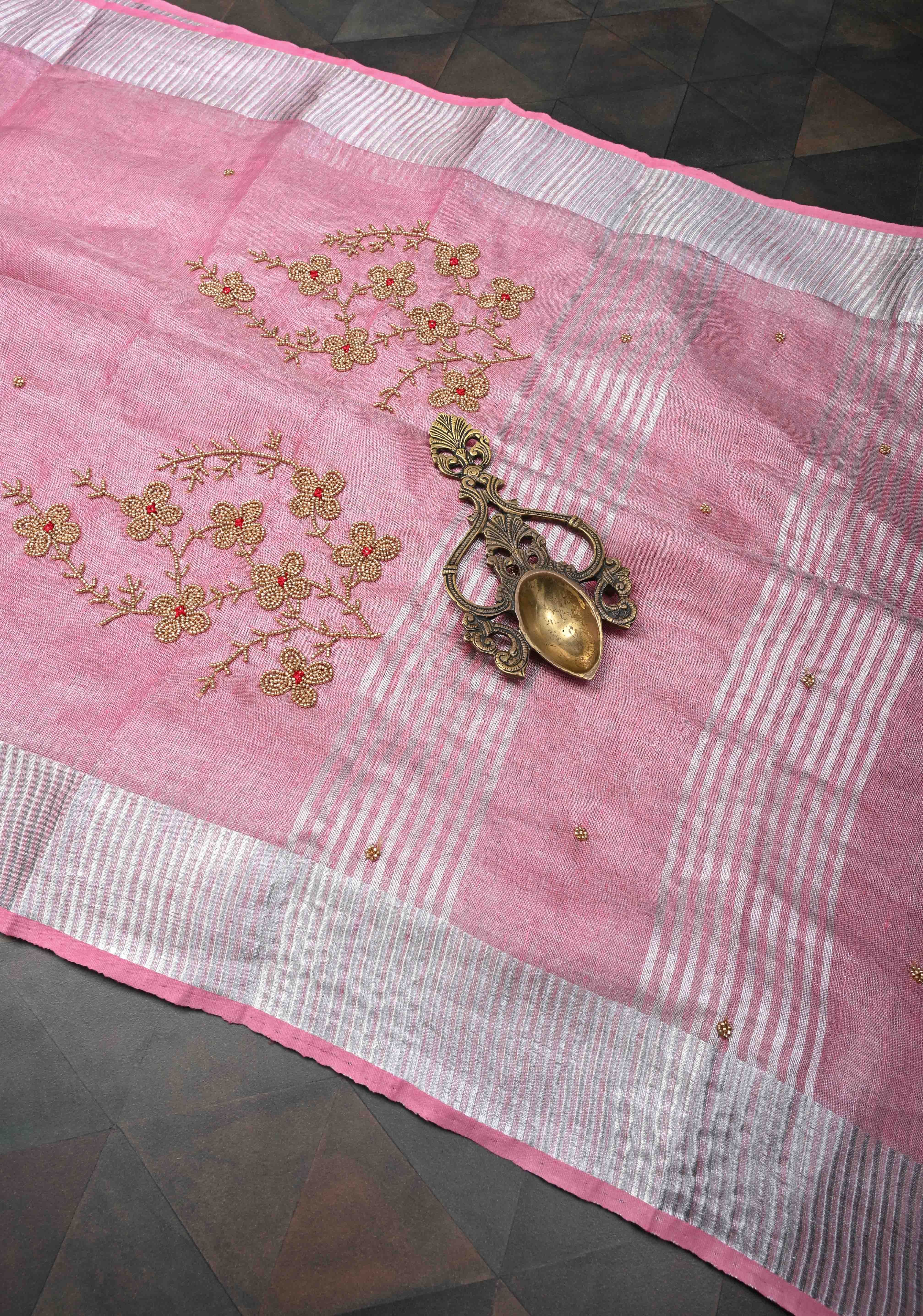 Pink Rose Tissue Linen Saree With Hand Beadwork with Silver Tissue | Shobitam