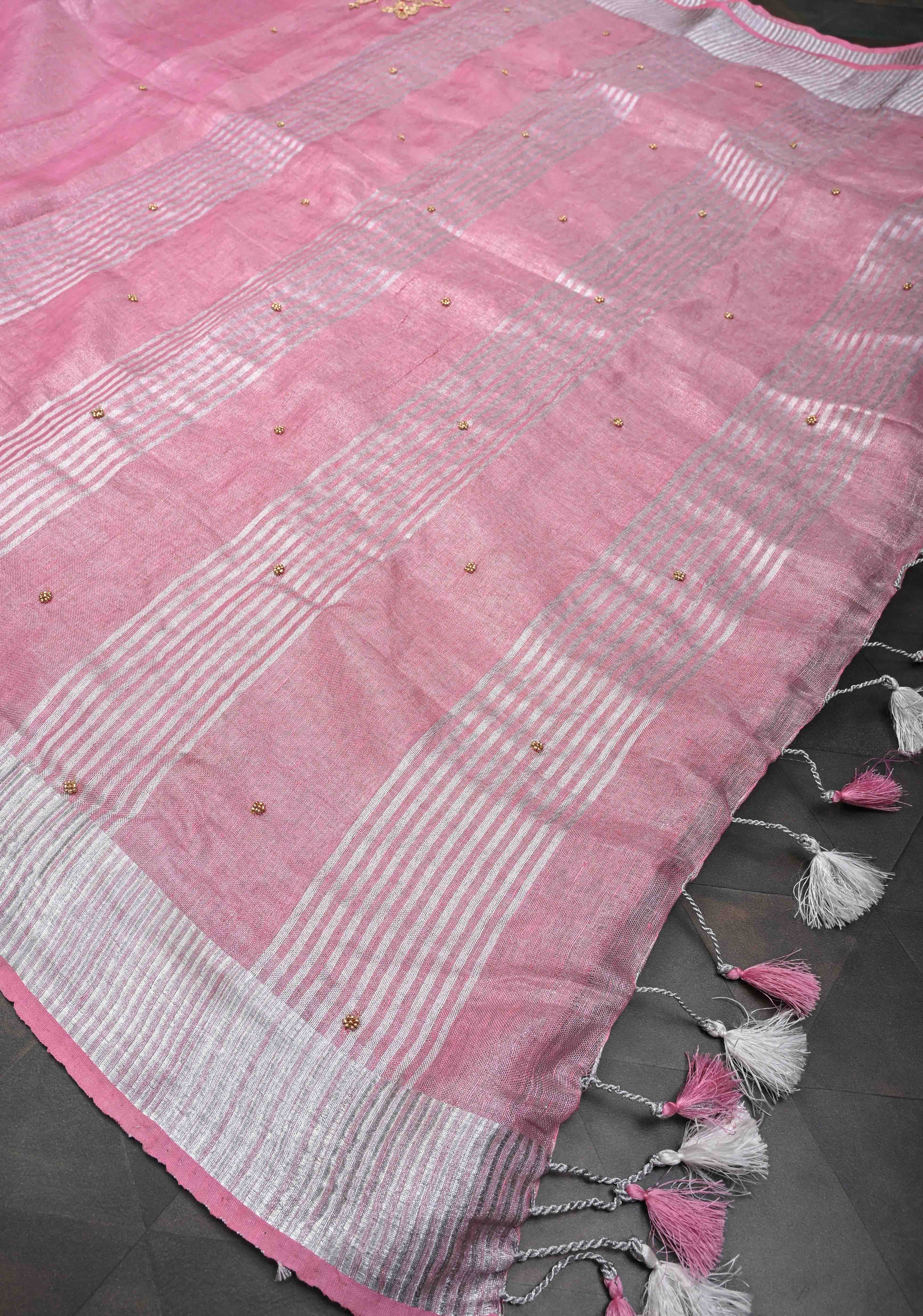 Pink Rose Tissue Linen Saree With Hand Beadwork with Silver Tissue | Shobitam