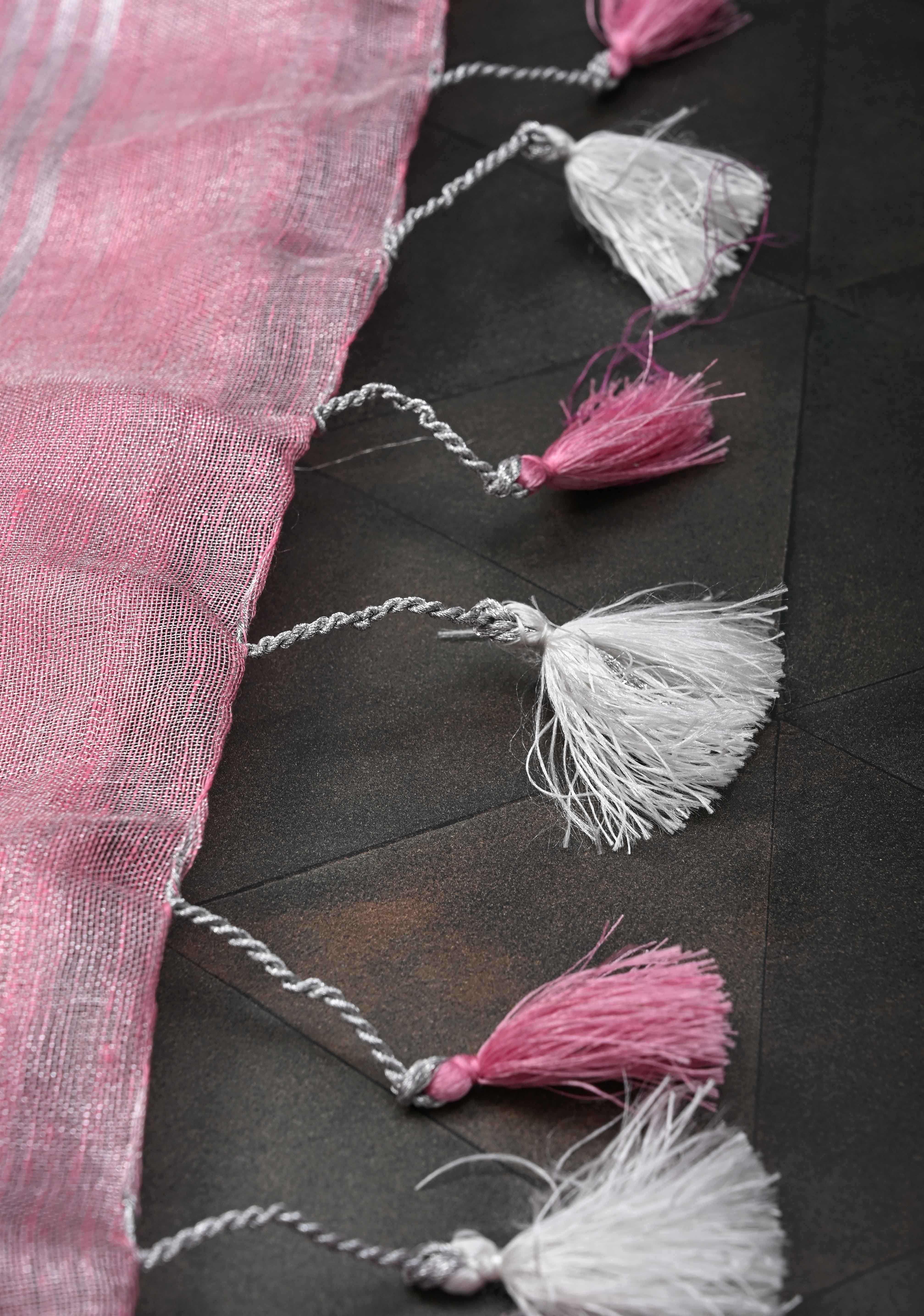 Pink Rose Tissue Linen Saree With Hand Beadwork with Silver Tissue | Shobitam