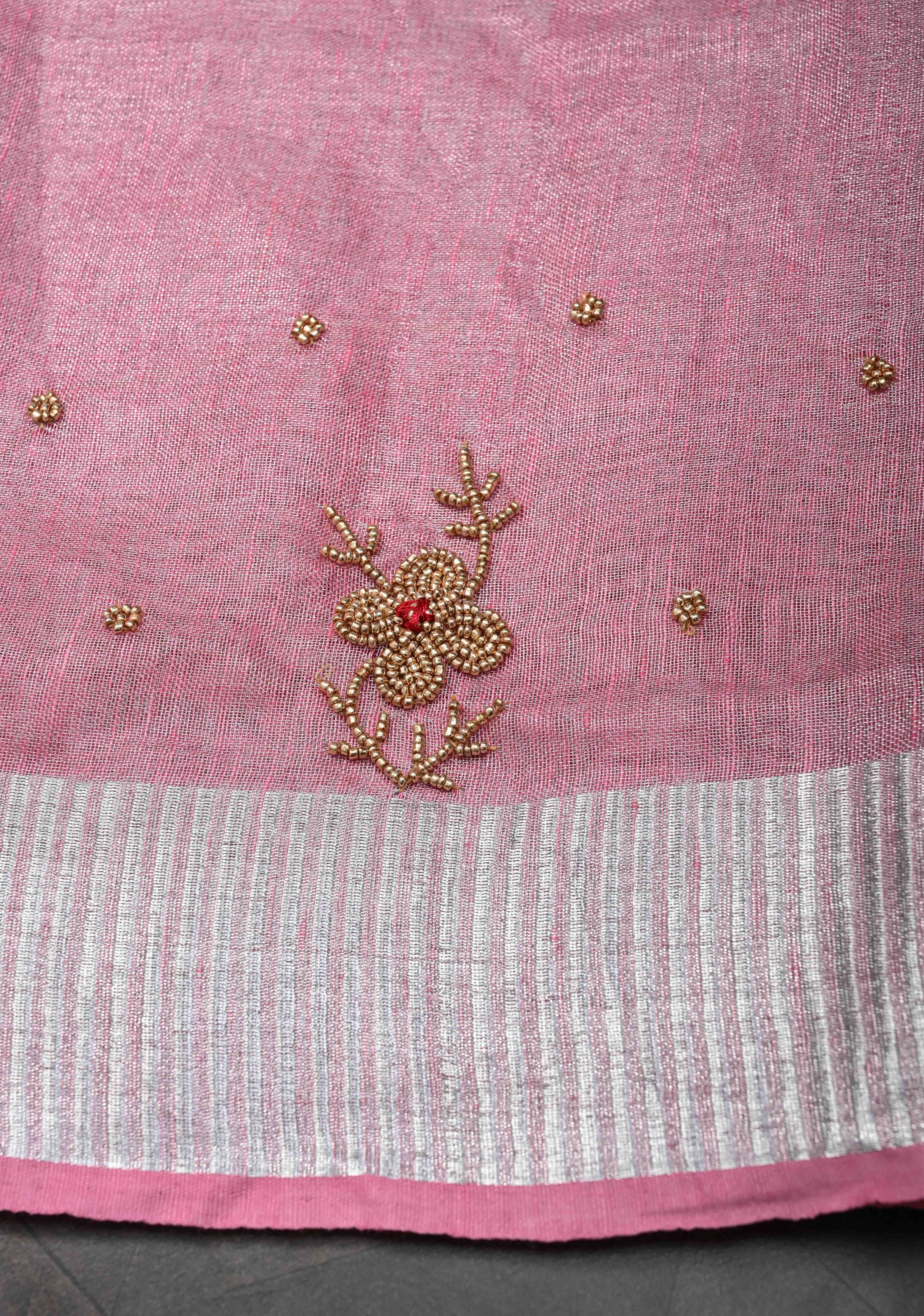 Pink Rose Tissue Linen Saree With Hand Beadwork with Silver Tissue | Shobitam