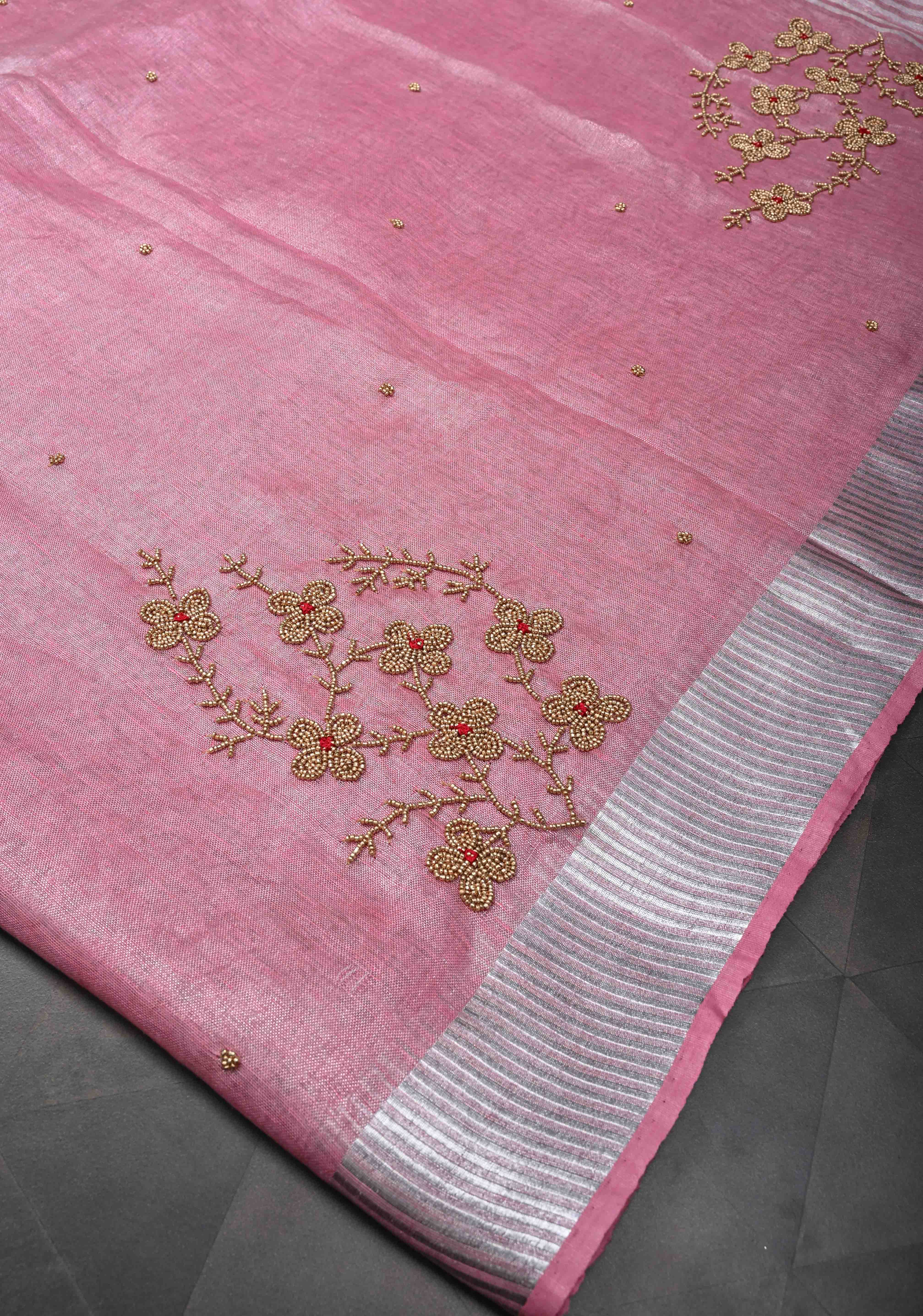 Pink Rose Tissue Linen Saree With Hand Beadwork with Silver Tissue | Shobitam