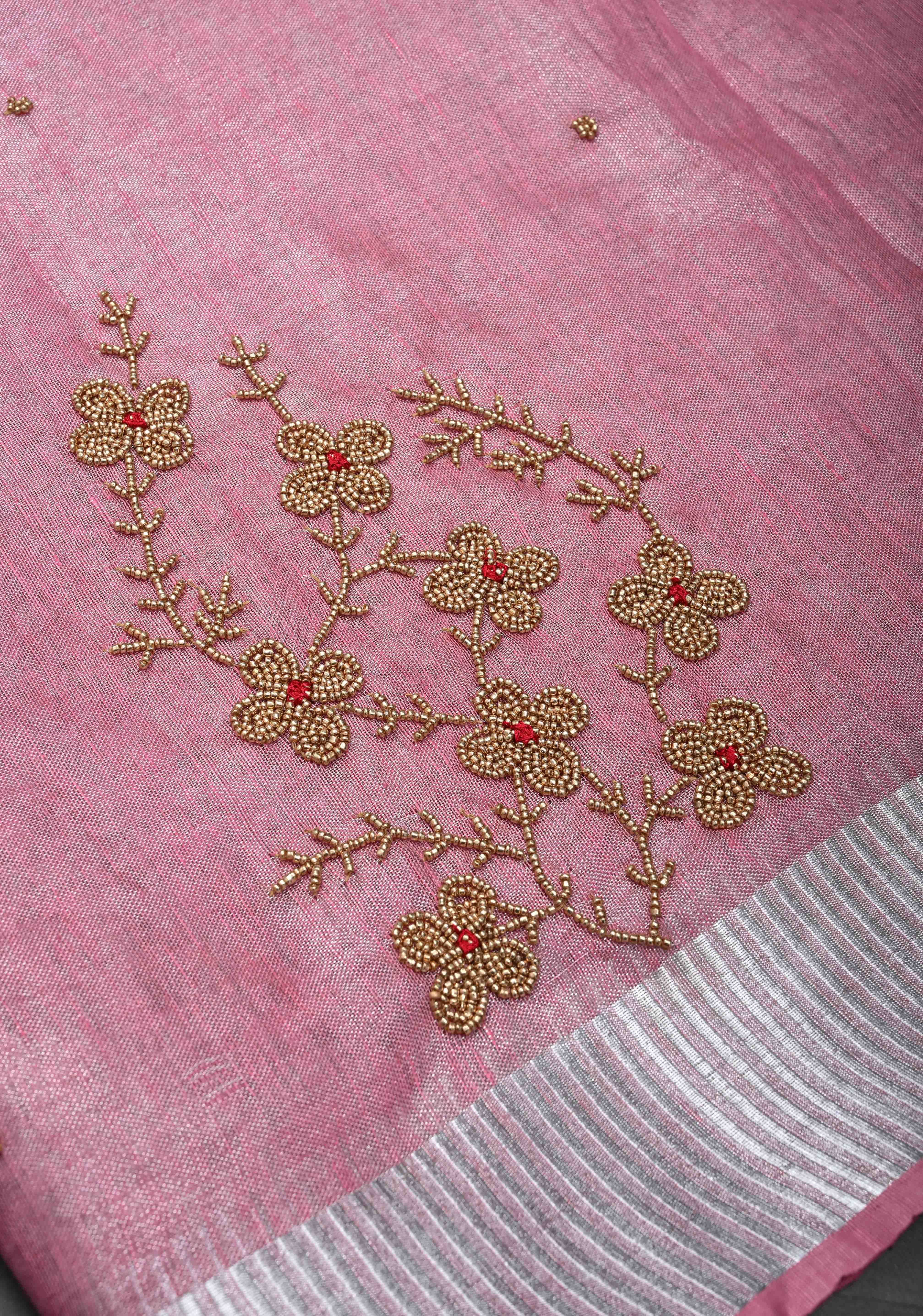 Pink Rose Tissue Linen Saree With Hand Beadwork with Silver Tissue | Shobitam