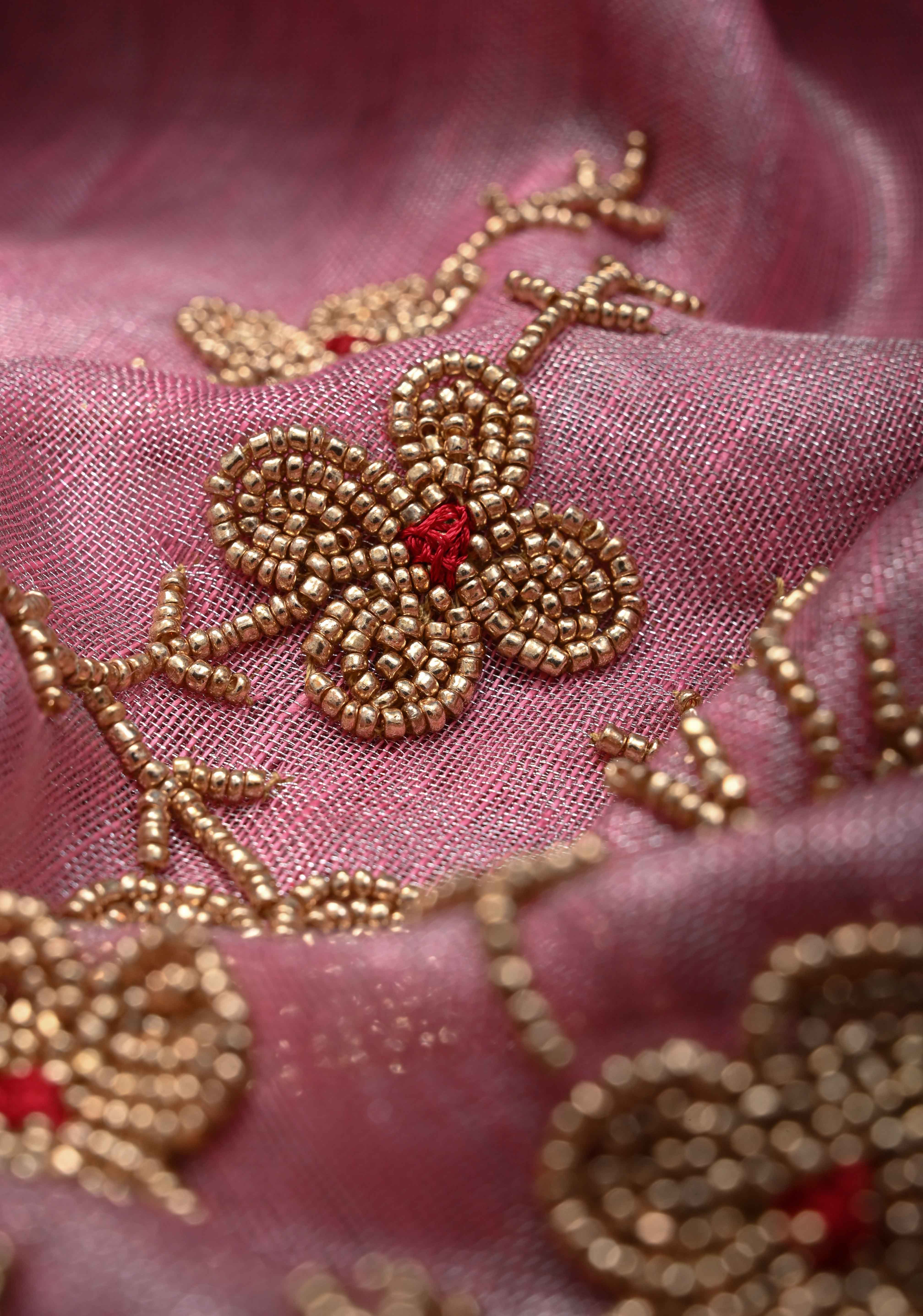 Pink Rose Tissue Linen Saree With Hand Beadwork with Silver Tissue | Shobitam