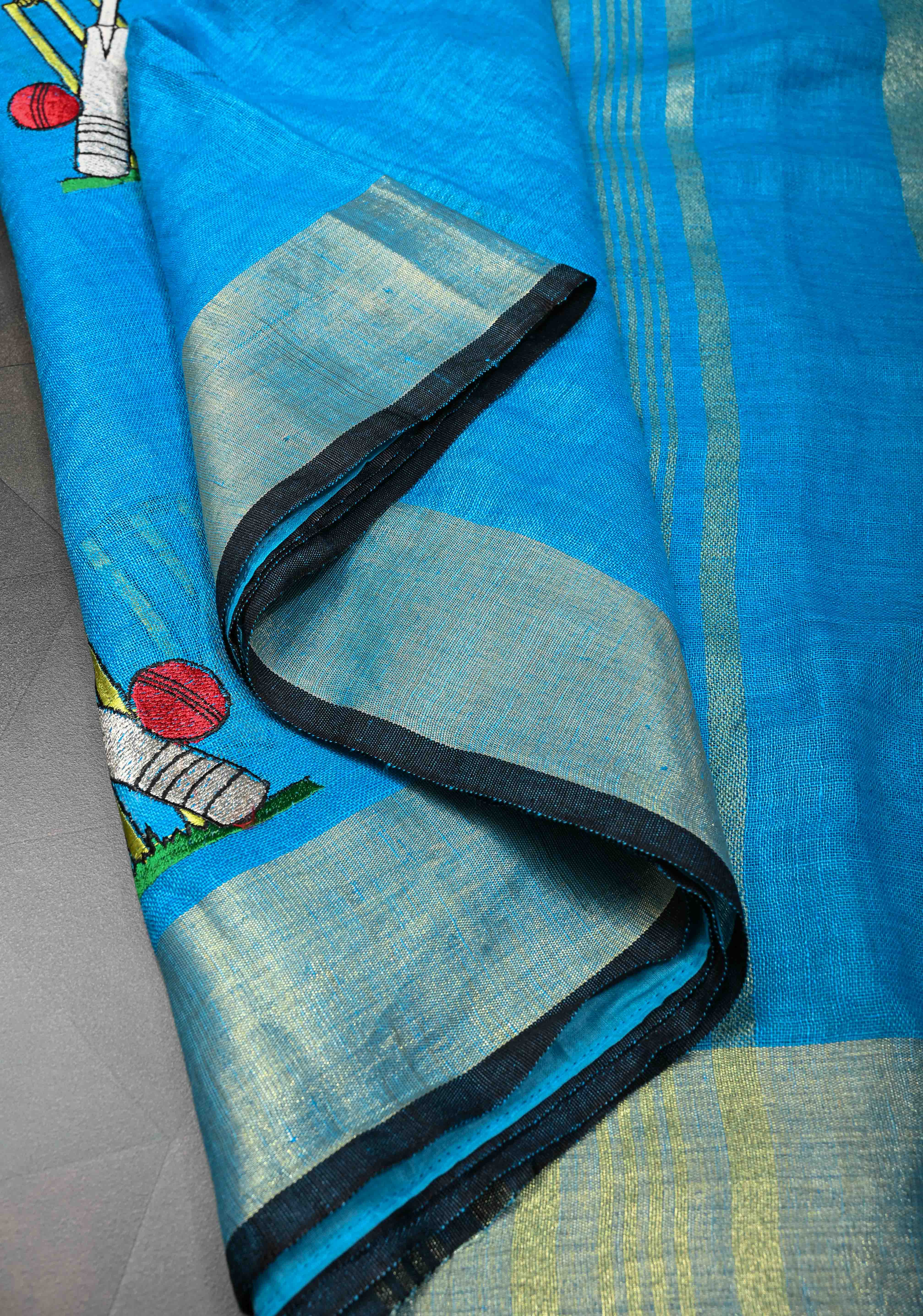 Cricket Set Theme : Blue Pure Linen by Linen Saree with Embroidery and Zari Border | Shobitam