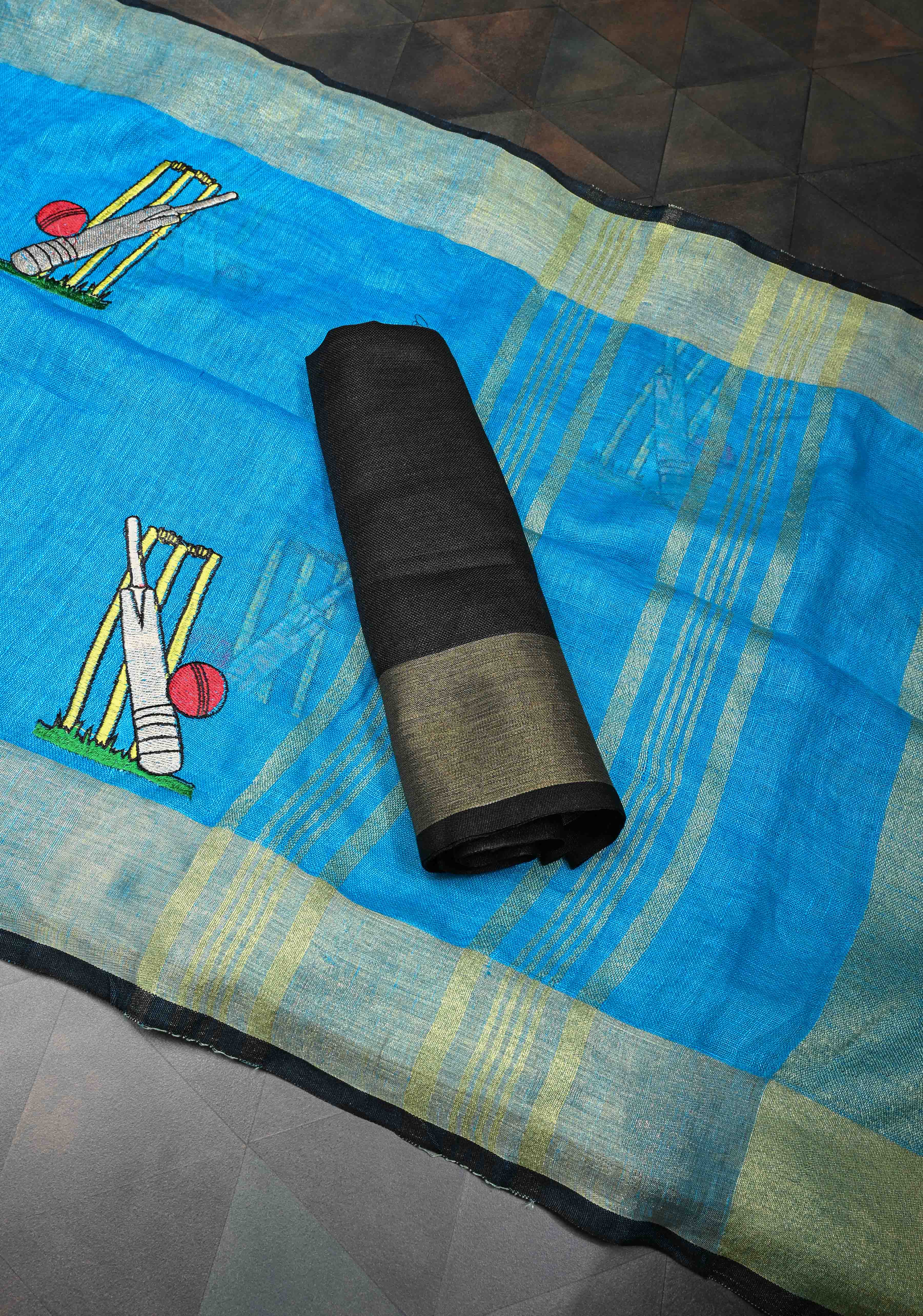 Cricket Set Theme : Blue Pure Linen by Linen Saree with Embroidery and Zari Border | Shobitam