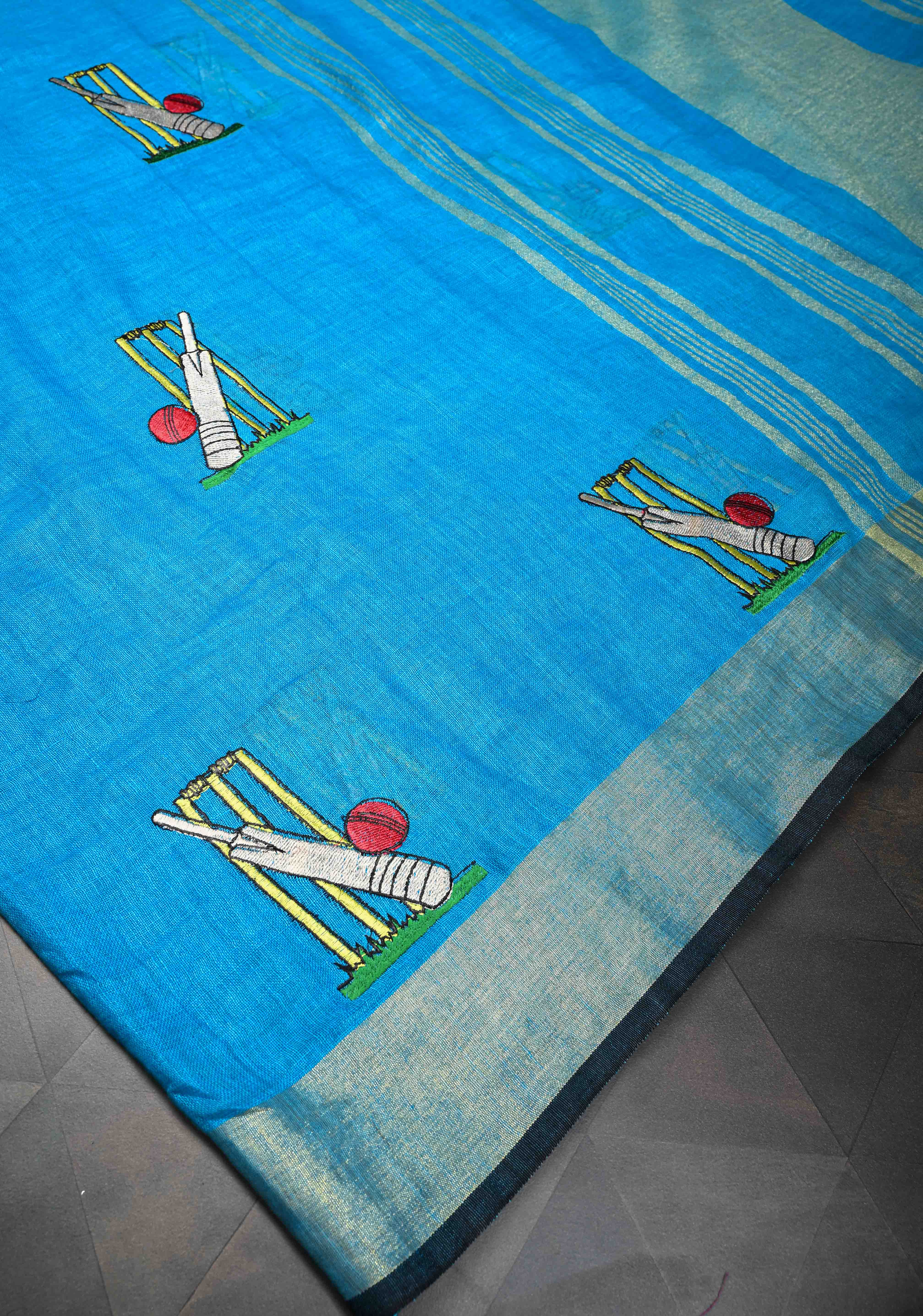 Cricket Set Theme : Blue Pure Linen by Linen Saree with Embroidery and Zari Border | Shobitam