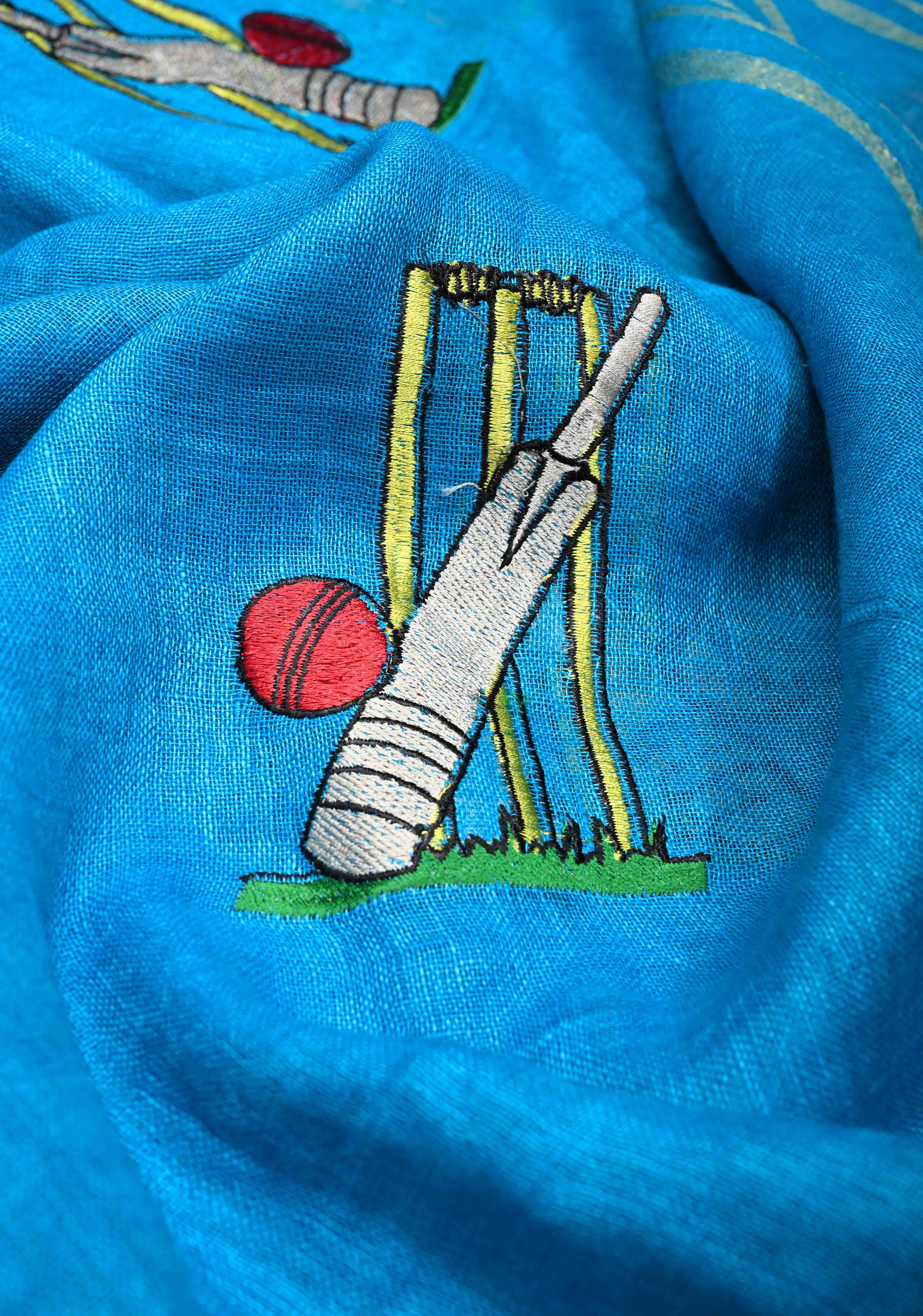 Cricket Set Theme : Blue Pure Linen by Linen Saree with Embroidery and Zari Border | Shobitam