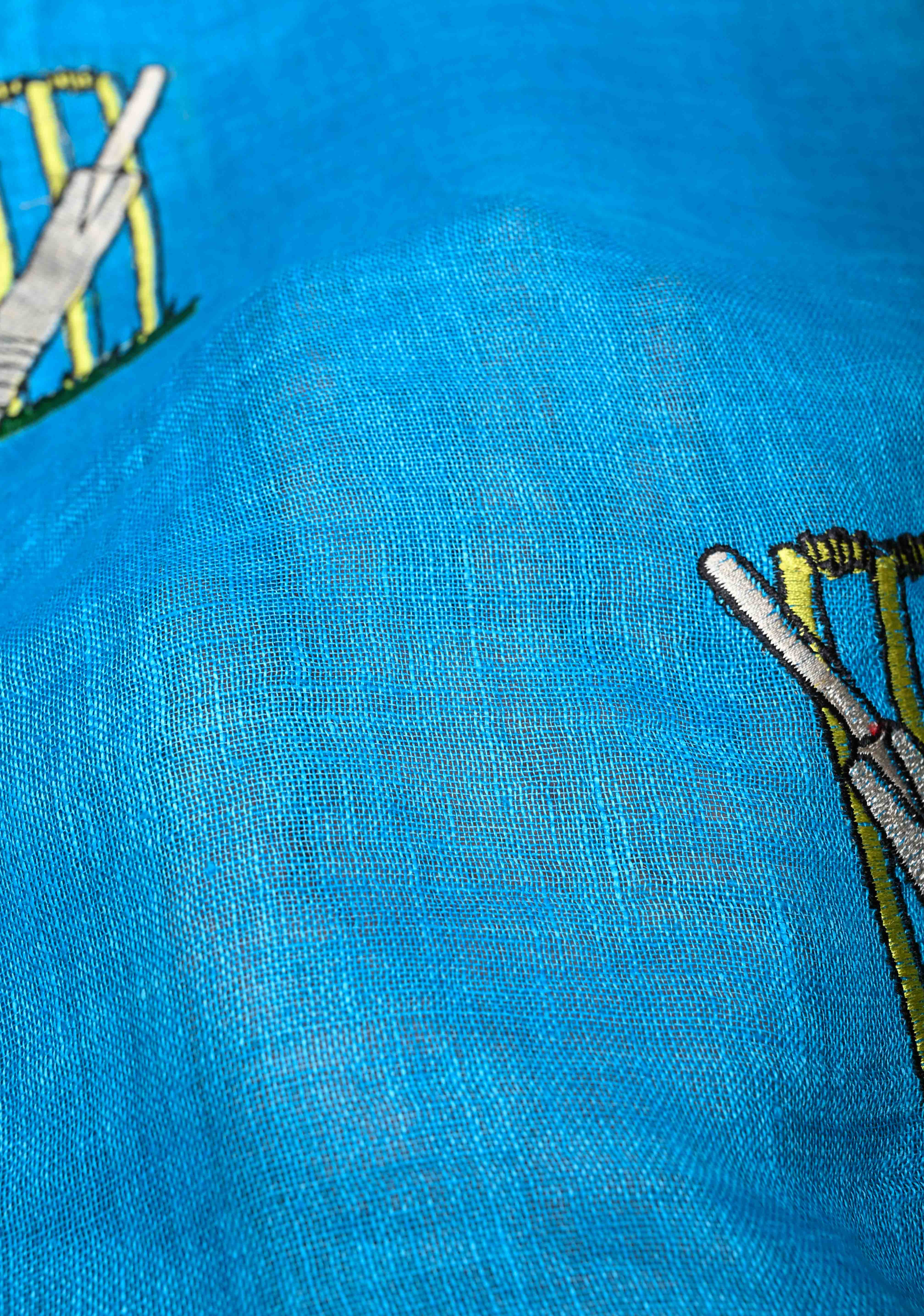 Cricket Set Theme : Blue Pure Linen by Linen Saree with Embroidery and Zari Border | Shobitam