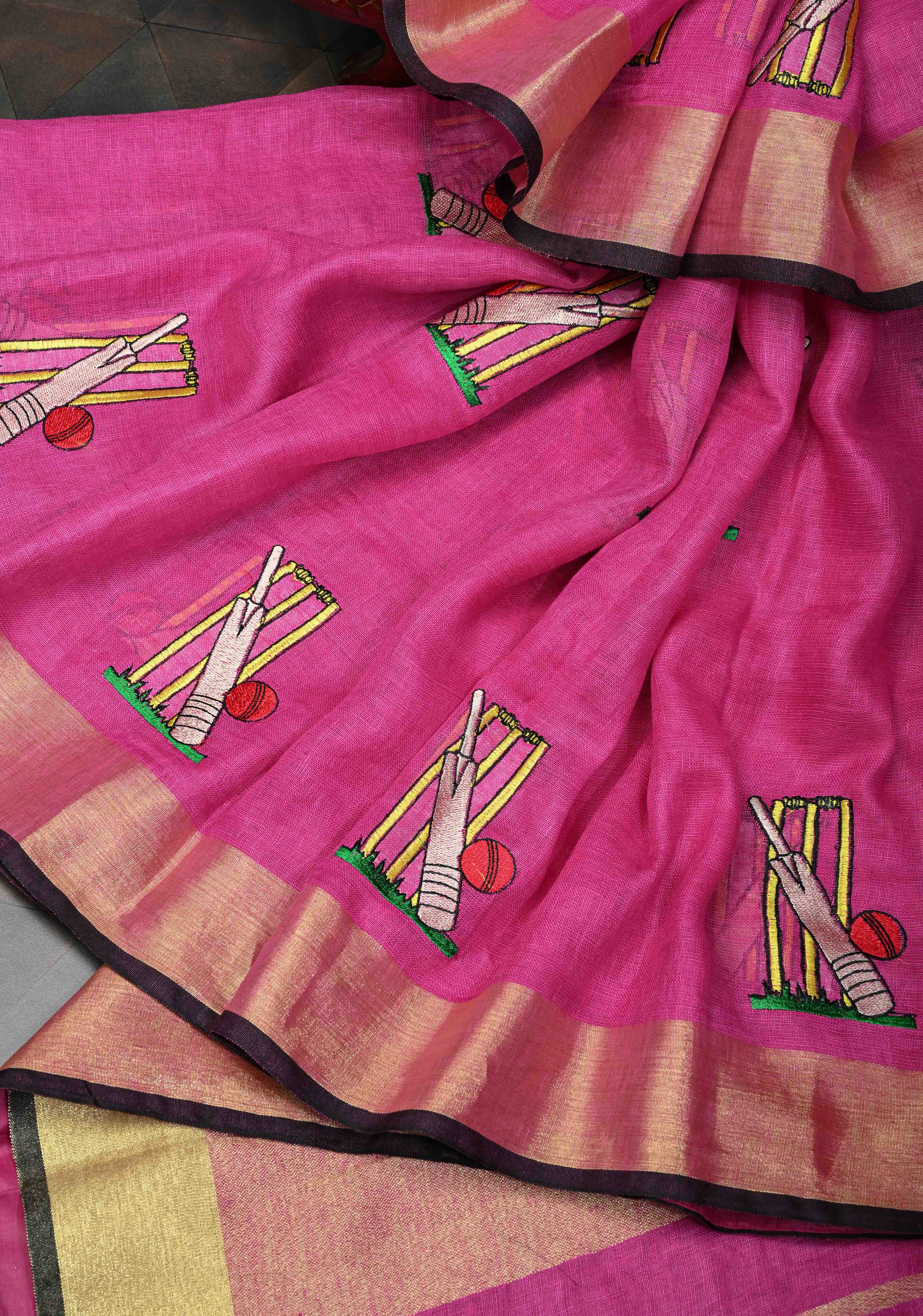 Cricket Set Theme : Pink Pure Linen by Linen Saree with Embroidery and Zari Border | Shobitam
