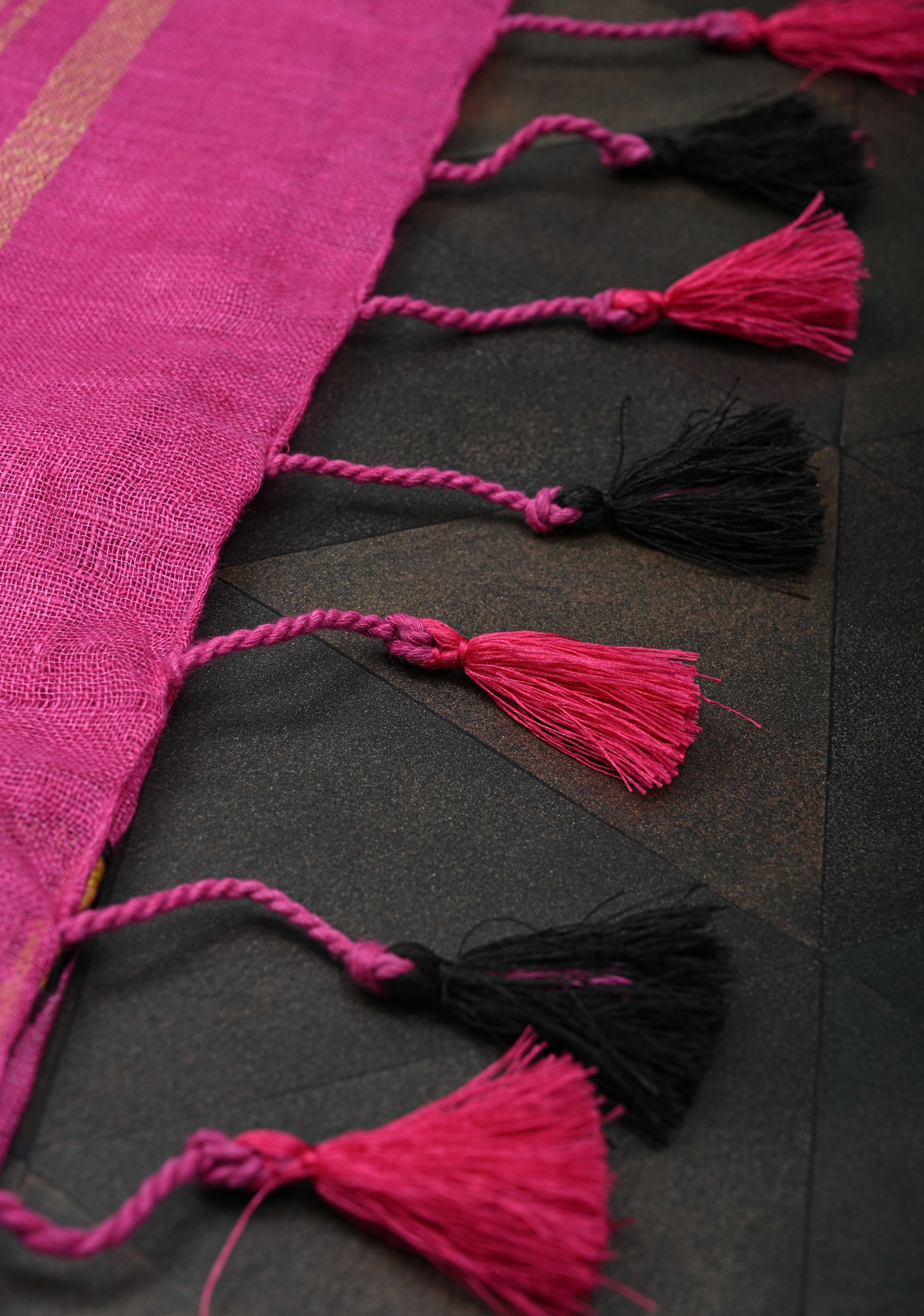 Cricket Set Theme : Pink Pure Linen by Linen Saree with Embroidery and Zari Border | Shobitam