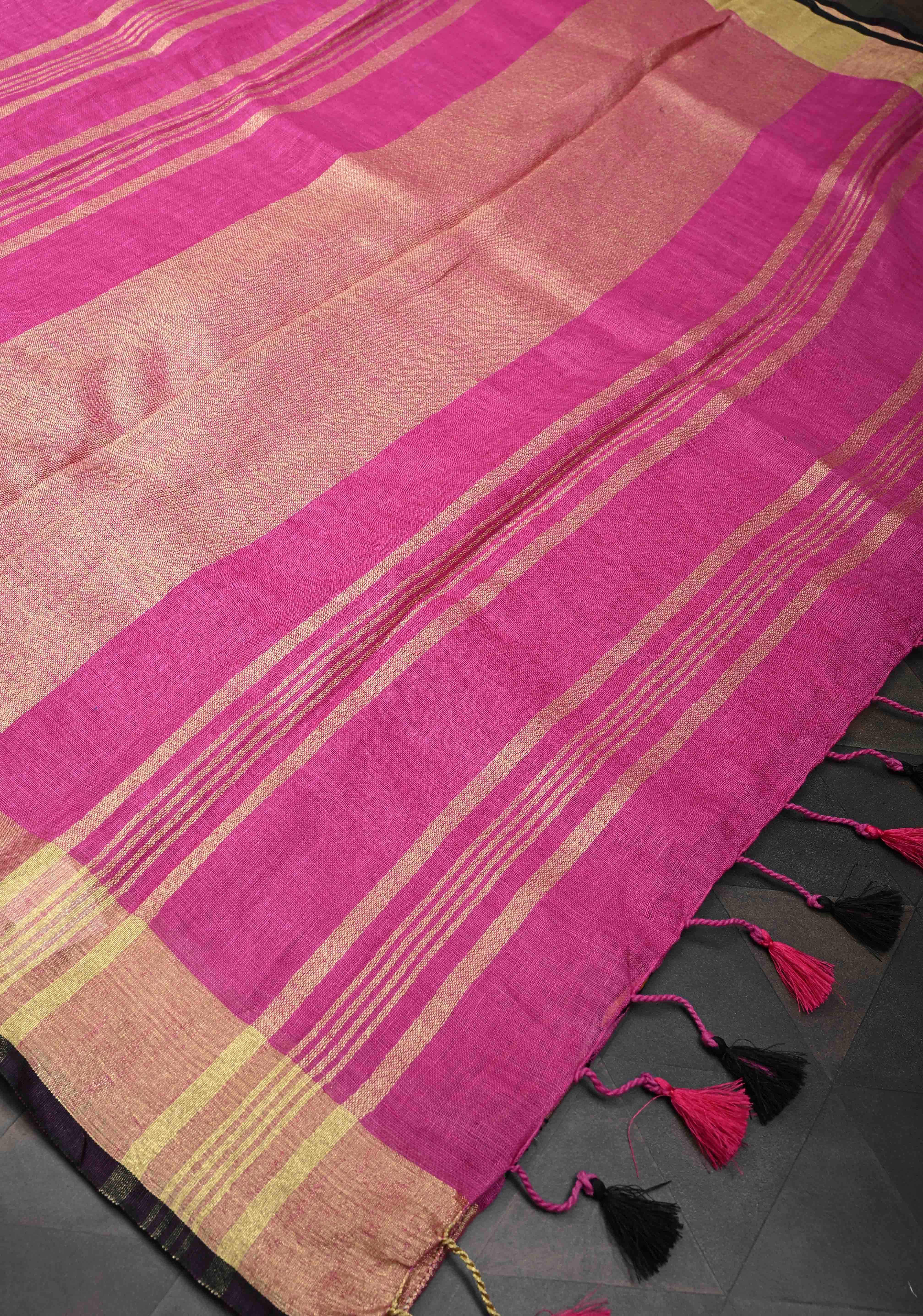 Cricket Set Theme : Pink Pure Linen by Linen Saree with Embroidery and Zari Border | Shobitam