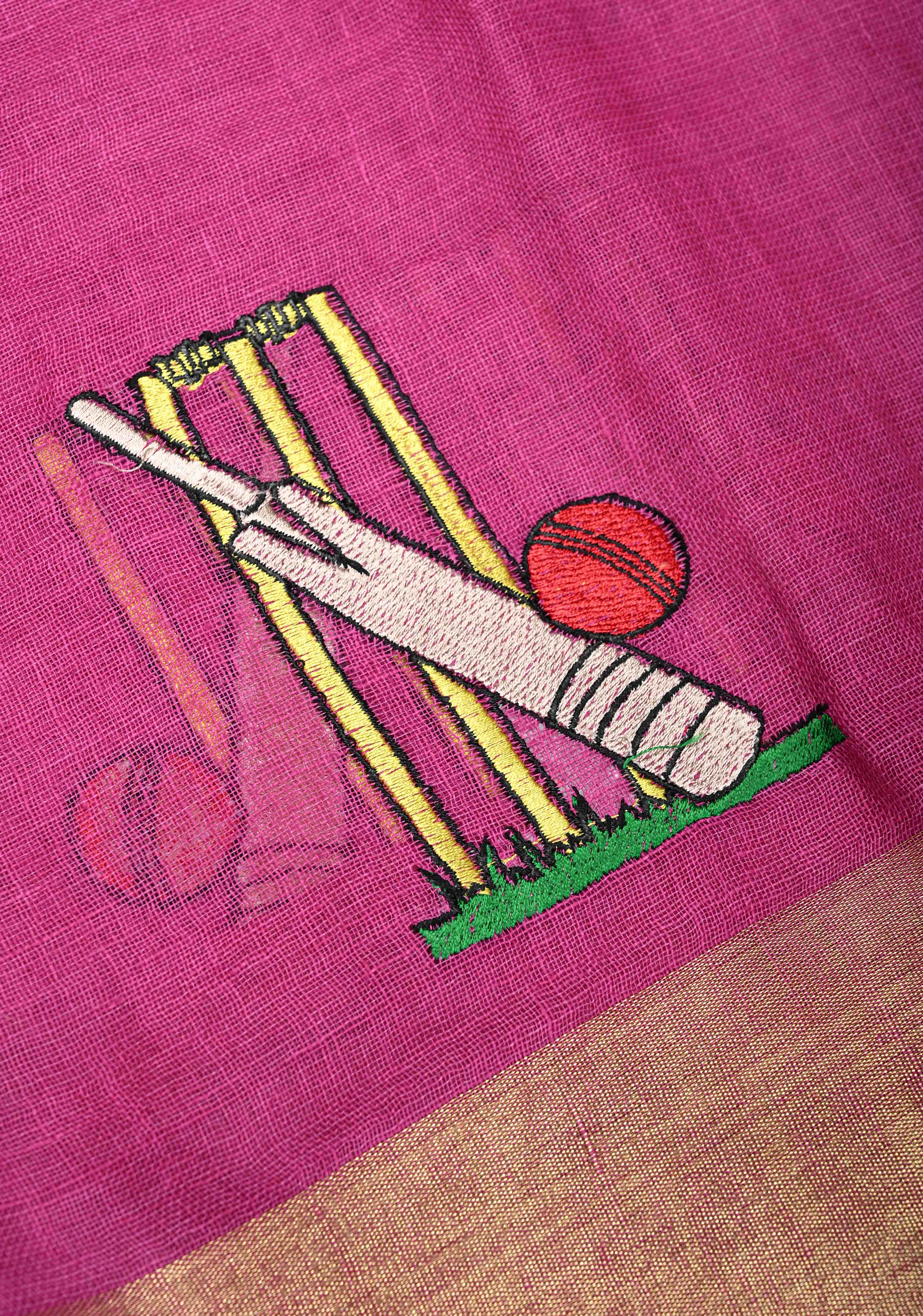Cricket Set Theme : Pink Pure Linen by Linen Saree with Embroidery and Zari Border | Shobitam