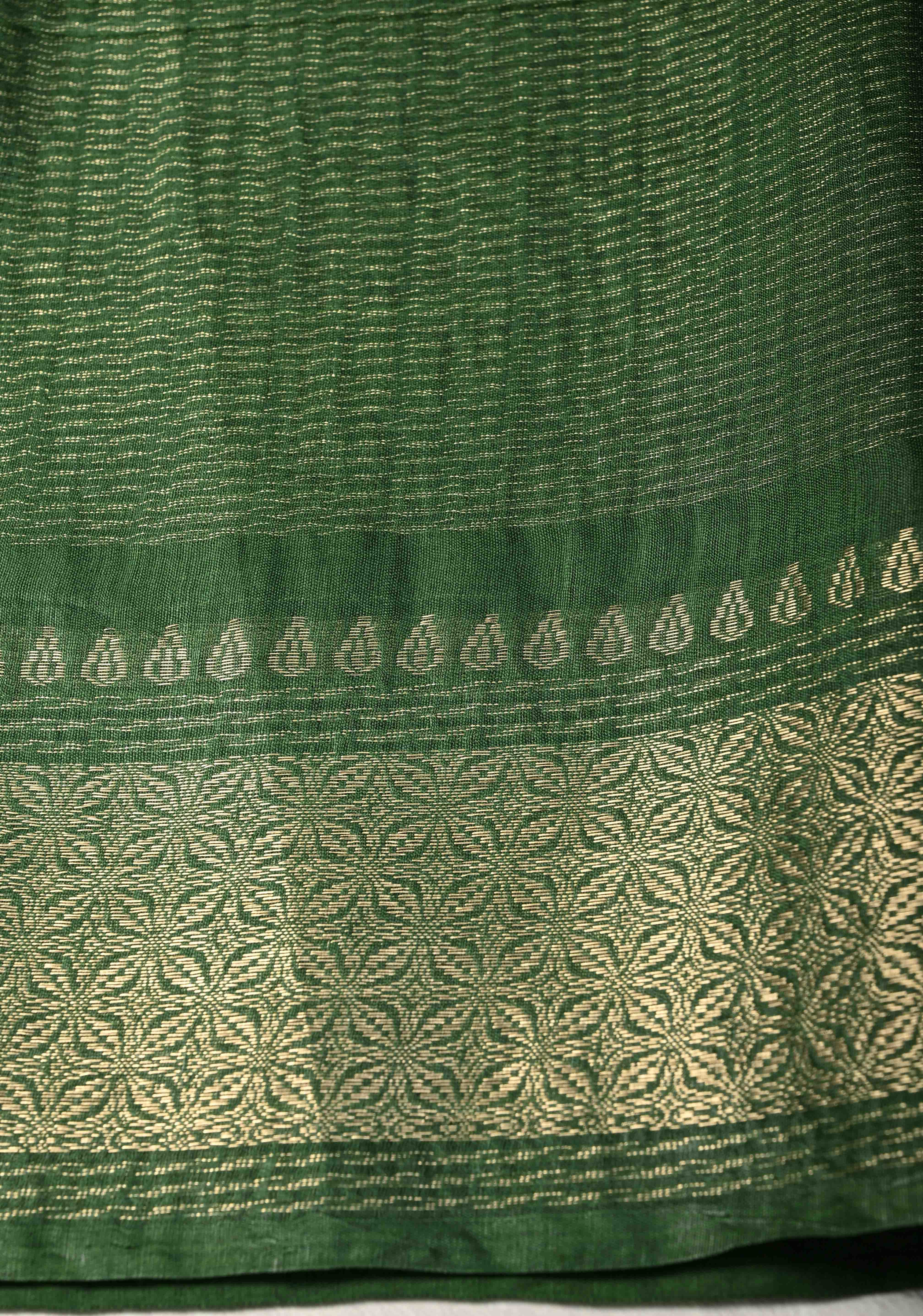 Forest Green Semi Tussar Tissue Saree with Zari Border | Shobitam