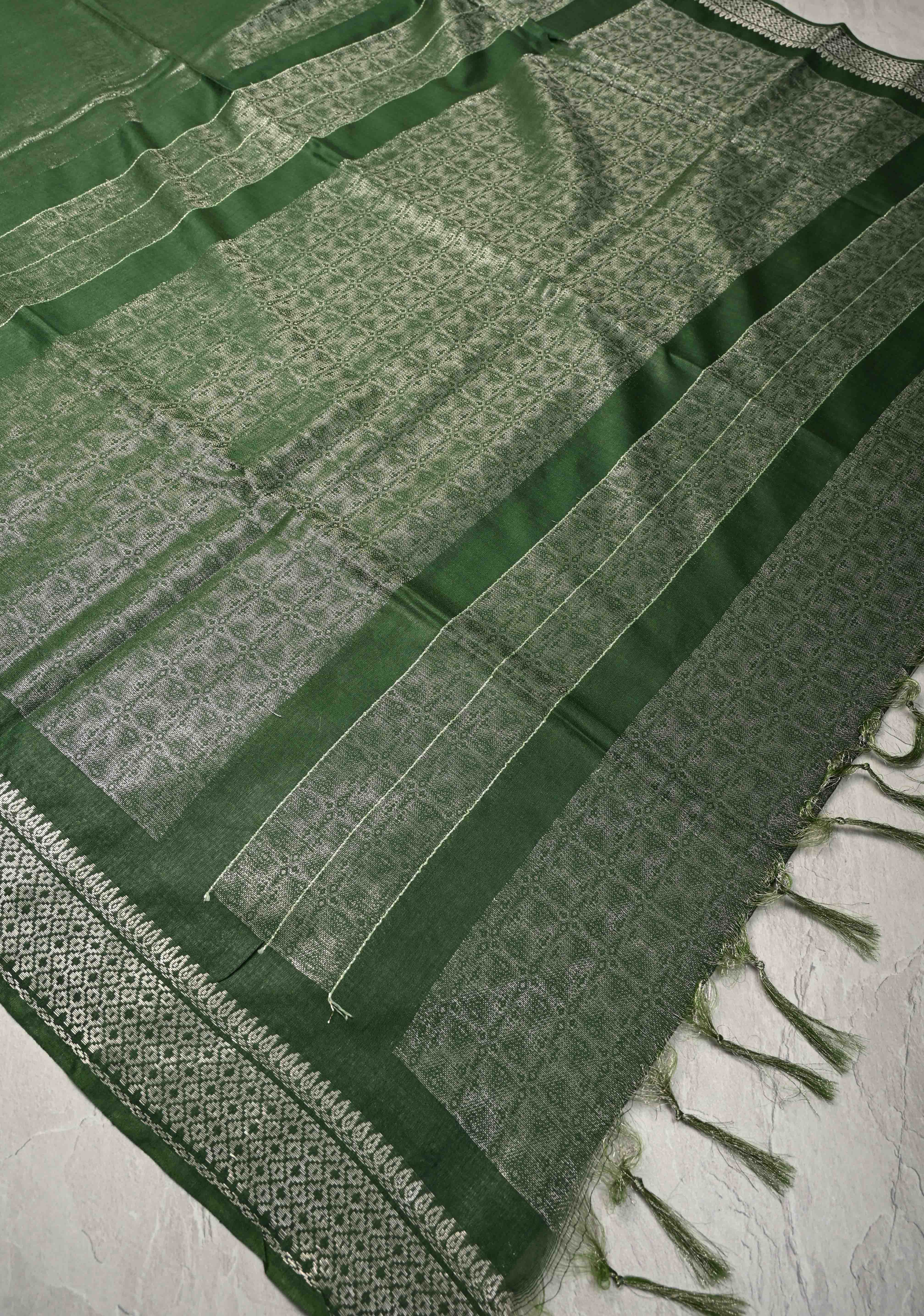 Dark Green Semi Tussar Tissue Saree with Zari Border | Shobitam