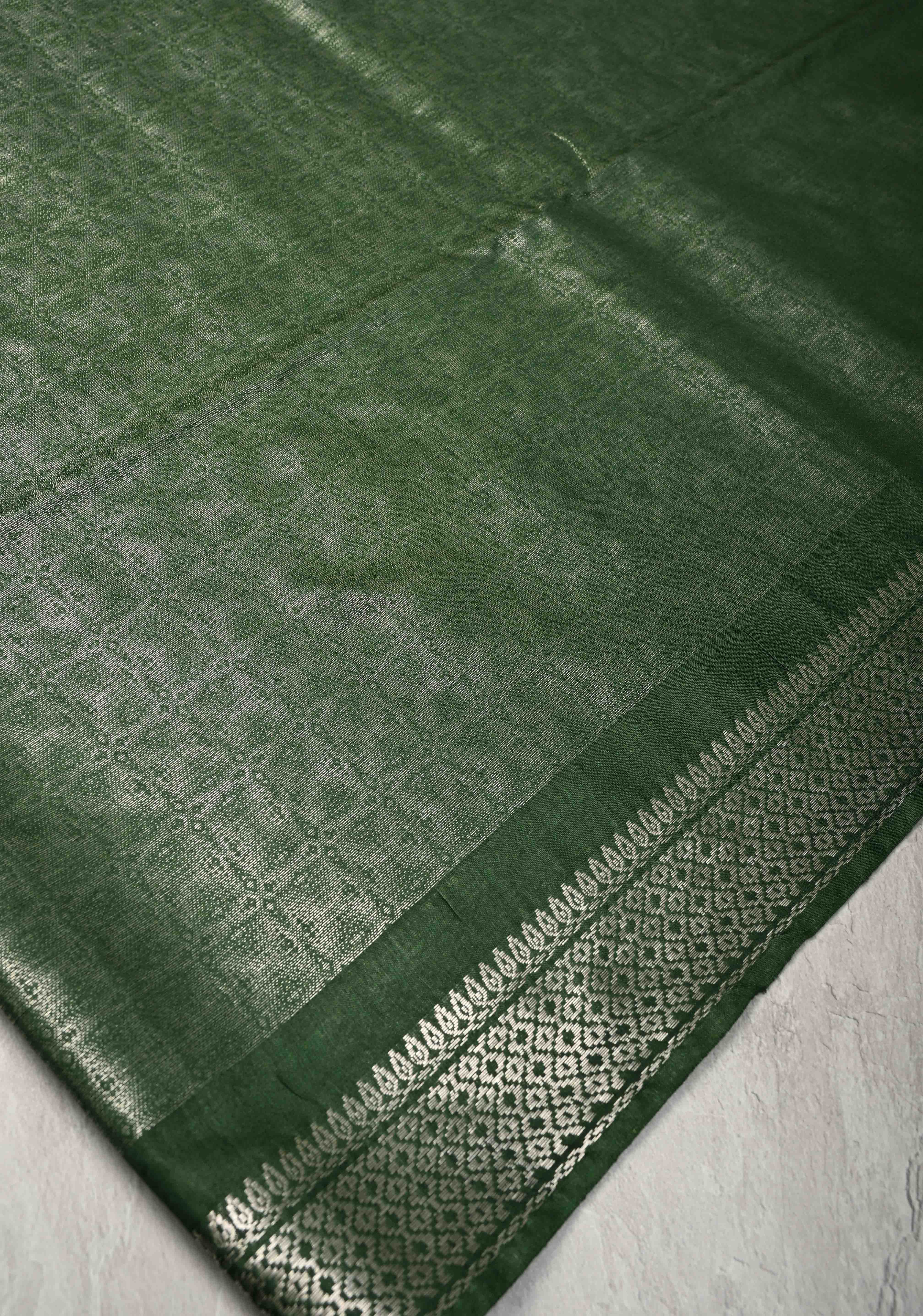Dark Green Semi Tussar Tissue Saree with Zari Border | Shobitam