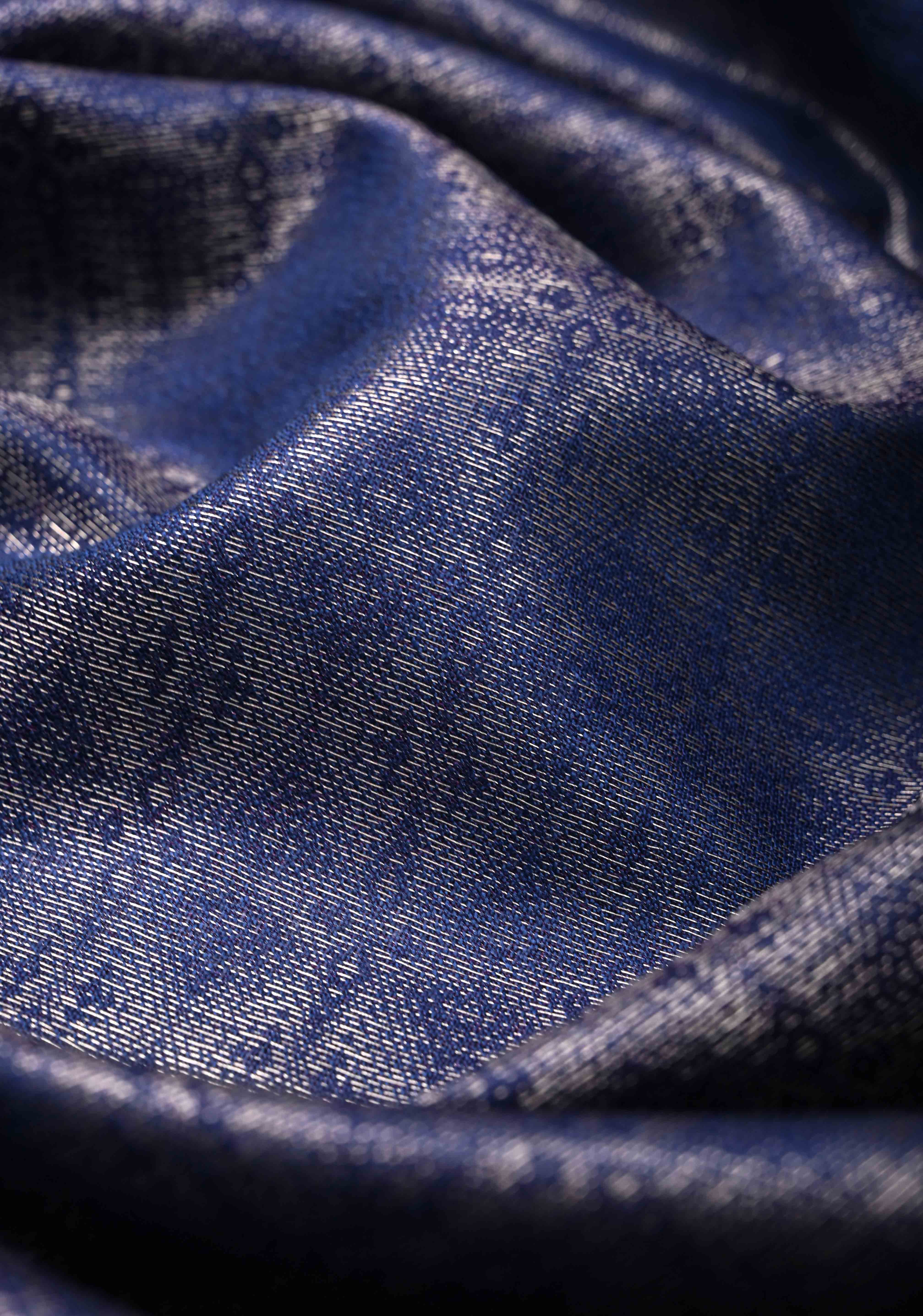 Navy Blue Semi Tussar Silver Tissue Saree with Zari Border | Shobitam