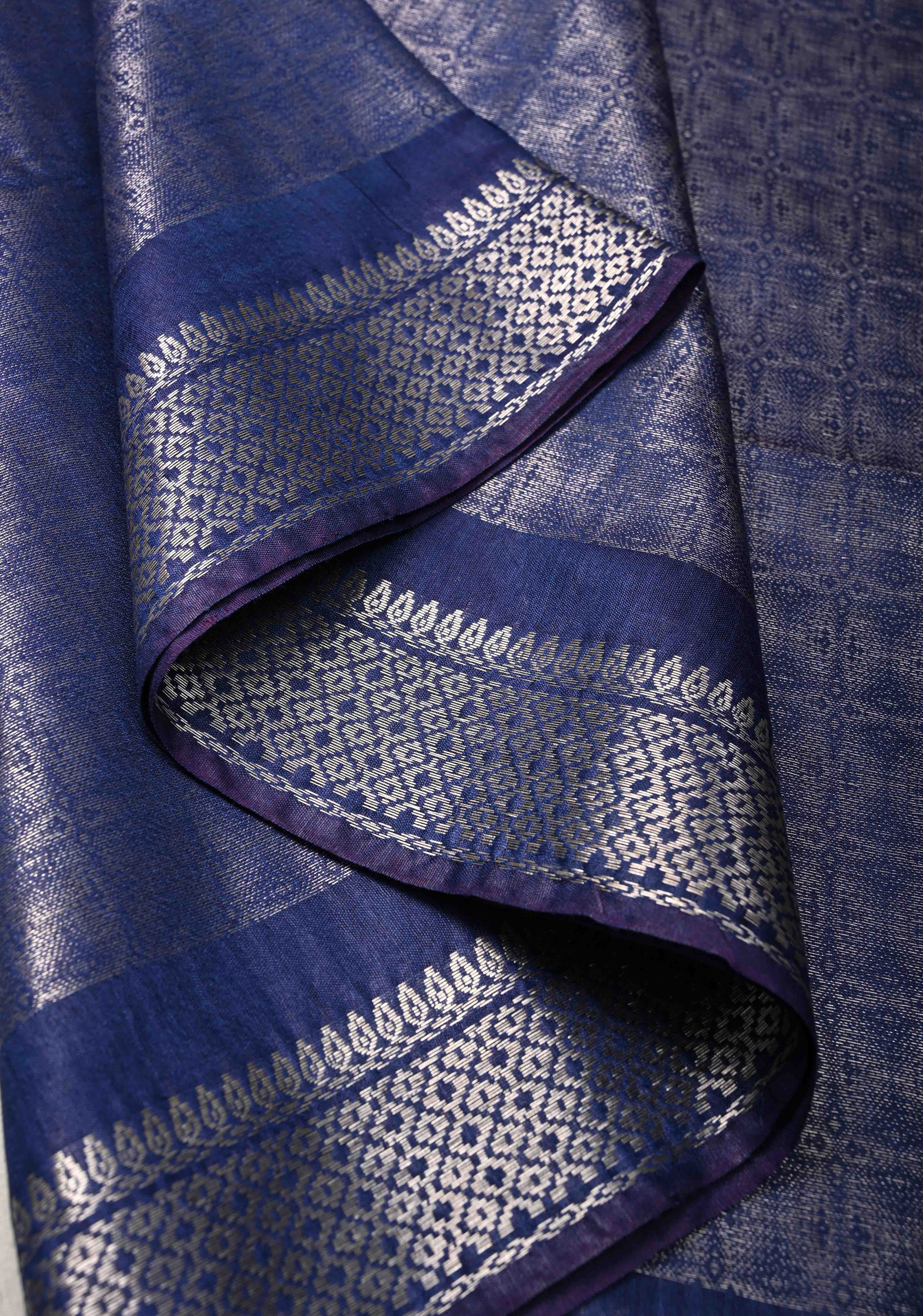 Navy Blue Semi Tussar Silver Tissue Saree with Zari Border | Shobitam