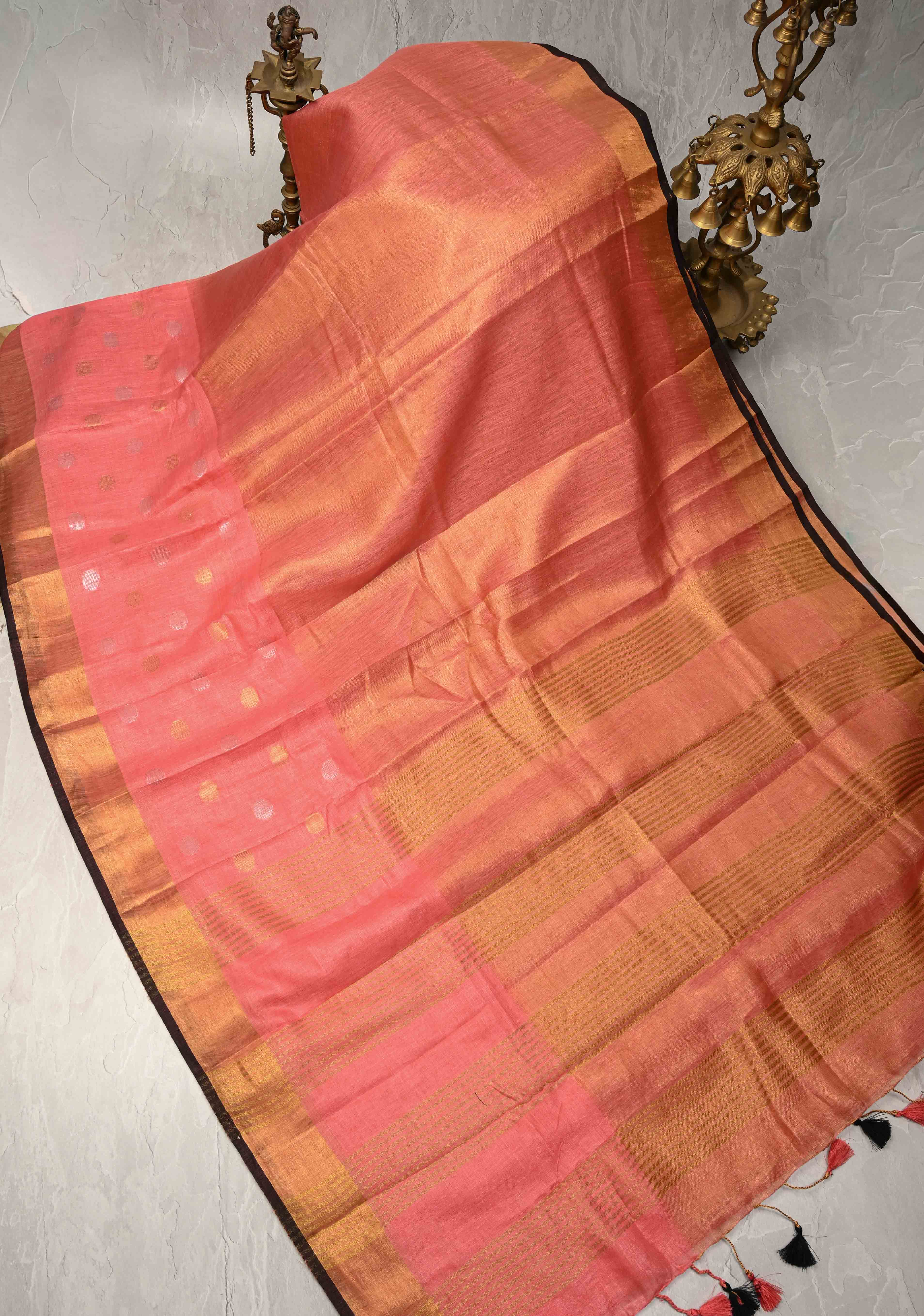 Salmon Pink Tissue Body Linen Saree in Muted Antique Gold with Sona Rupa Polka Dots Skirt Border | Shobitam