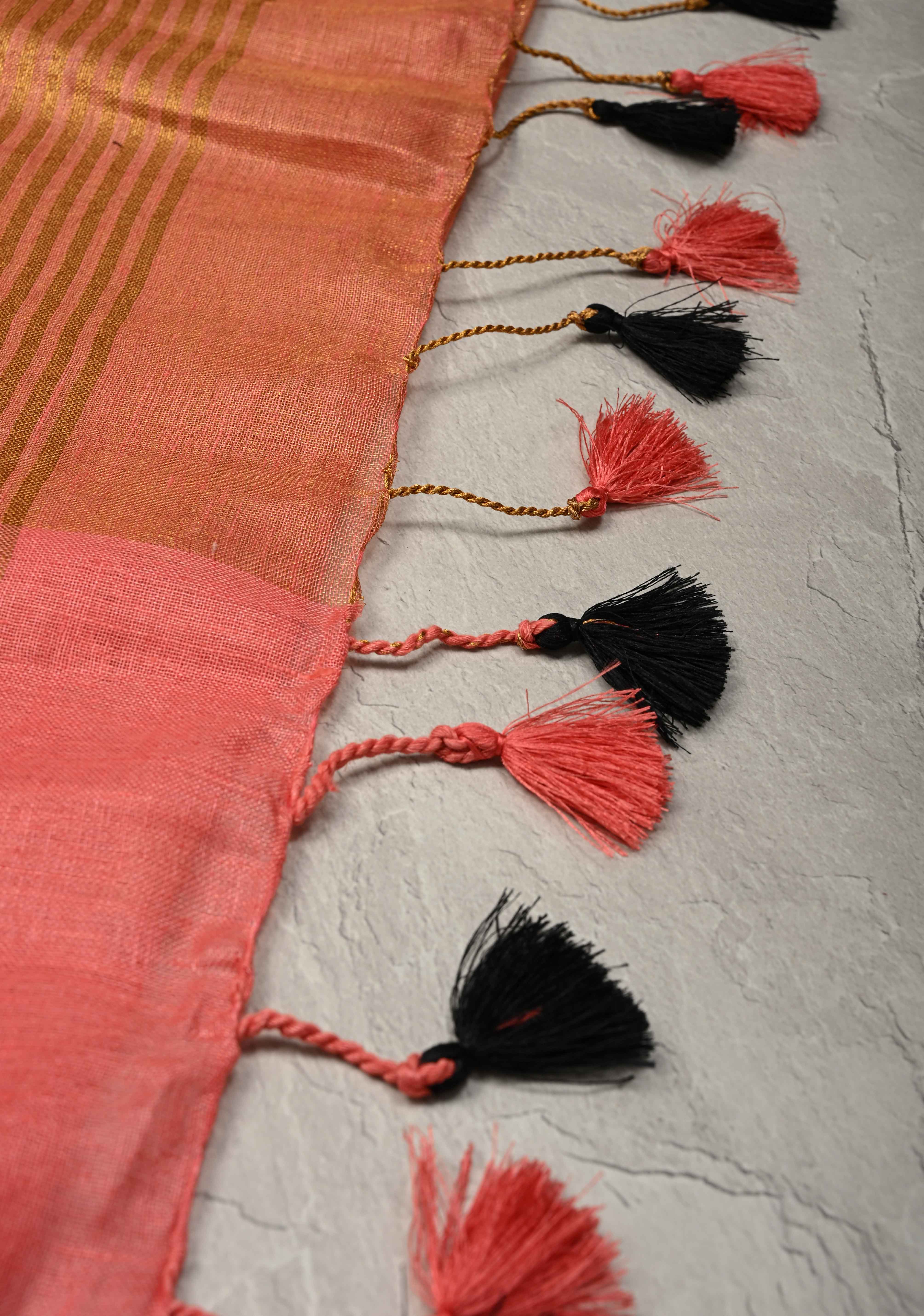 Salmon Pink Tissue Body Linen Saree in Muted Antique Gold with Sona Rupa Polka Dots Skirt Border | Shobitam