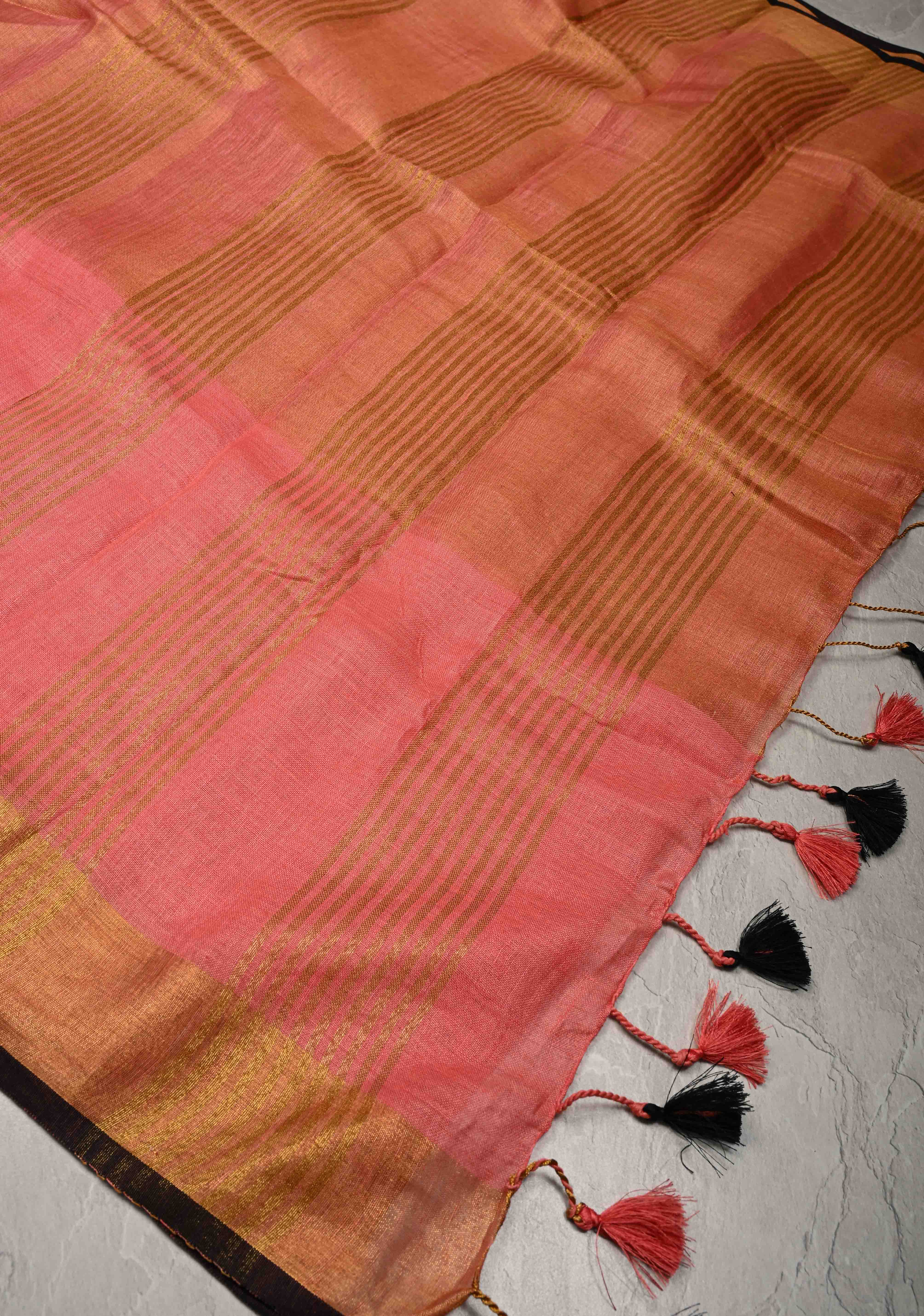 Salmon Pink Tissue Body Linen Saree in Muted Antique Gold with Sona Rupa Polka Dots Skirt Border | Shobitam